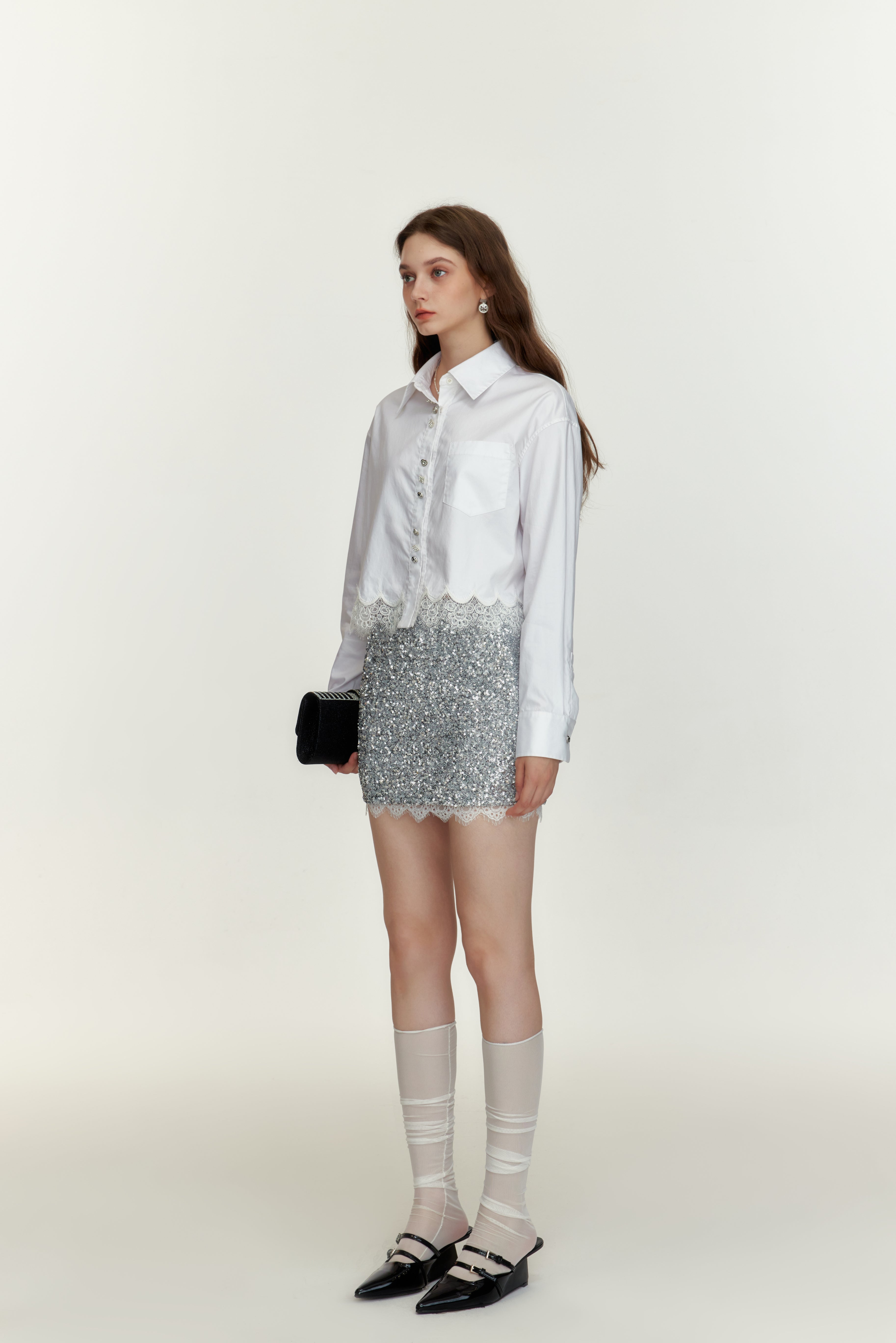 Silver Sequin Lace Skirt