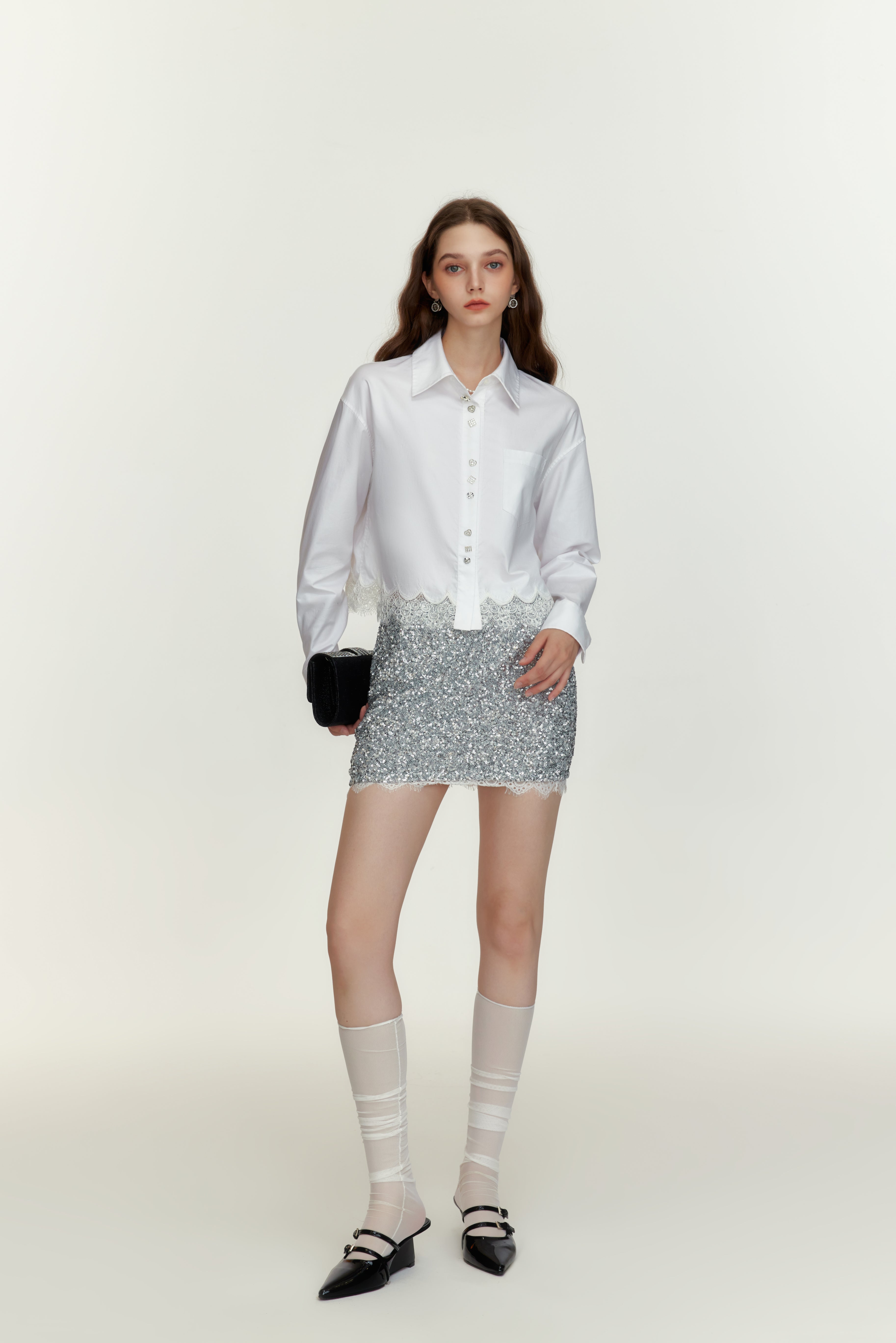 Silver Sequin Lace Skirt