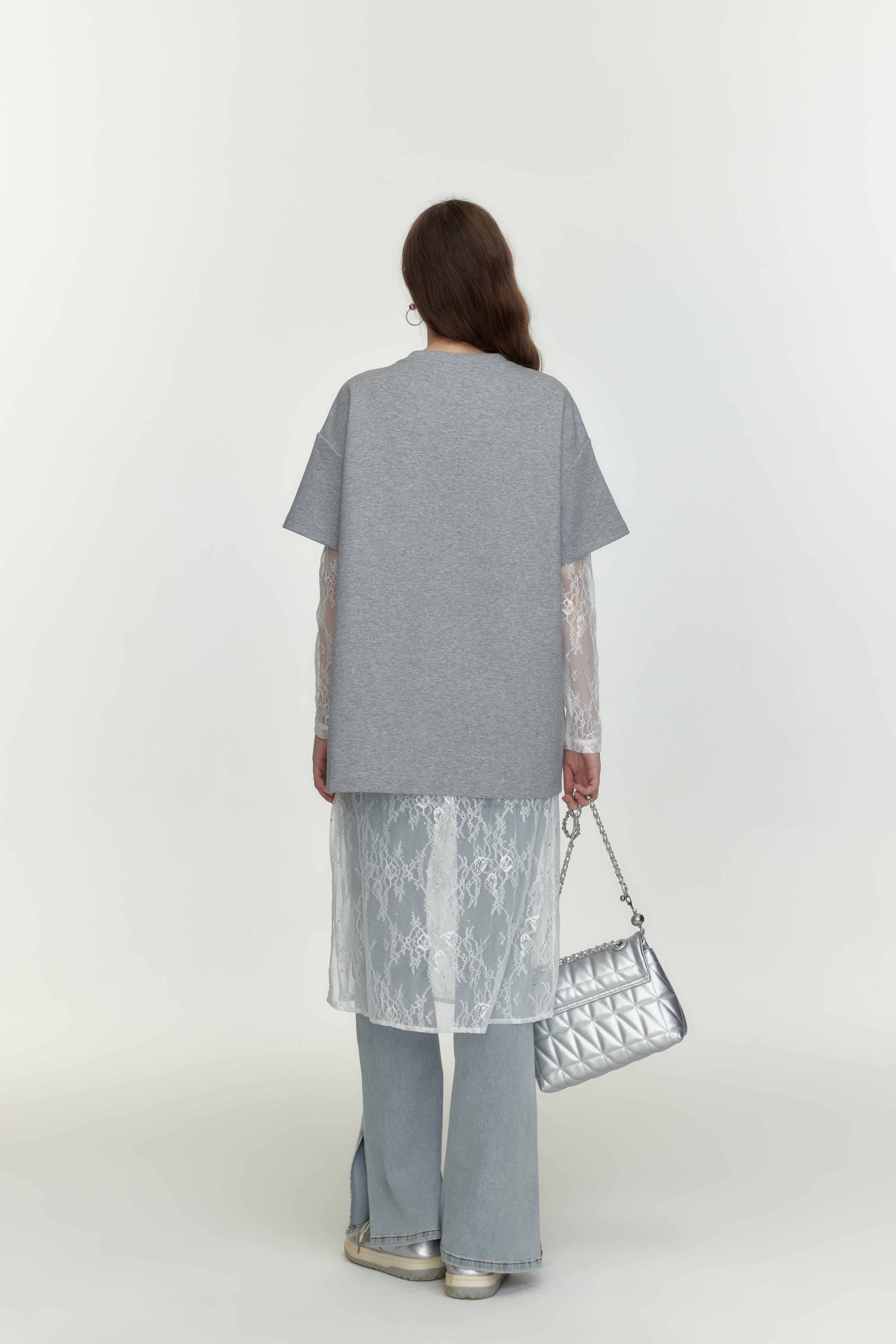 Grey Detachable Sleeve Printed Loose T-shirt