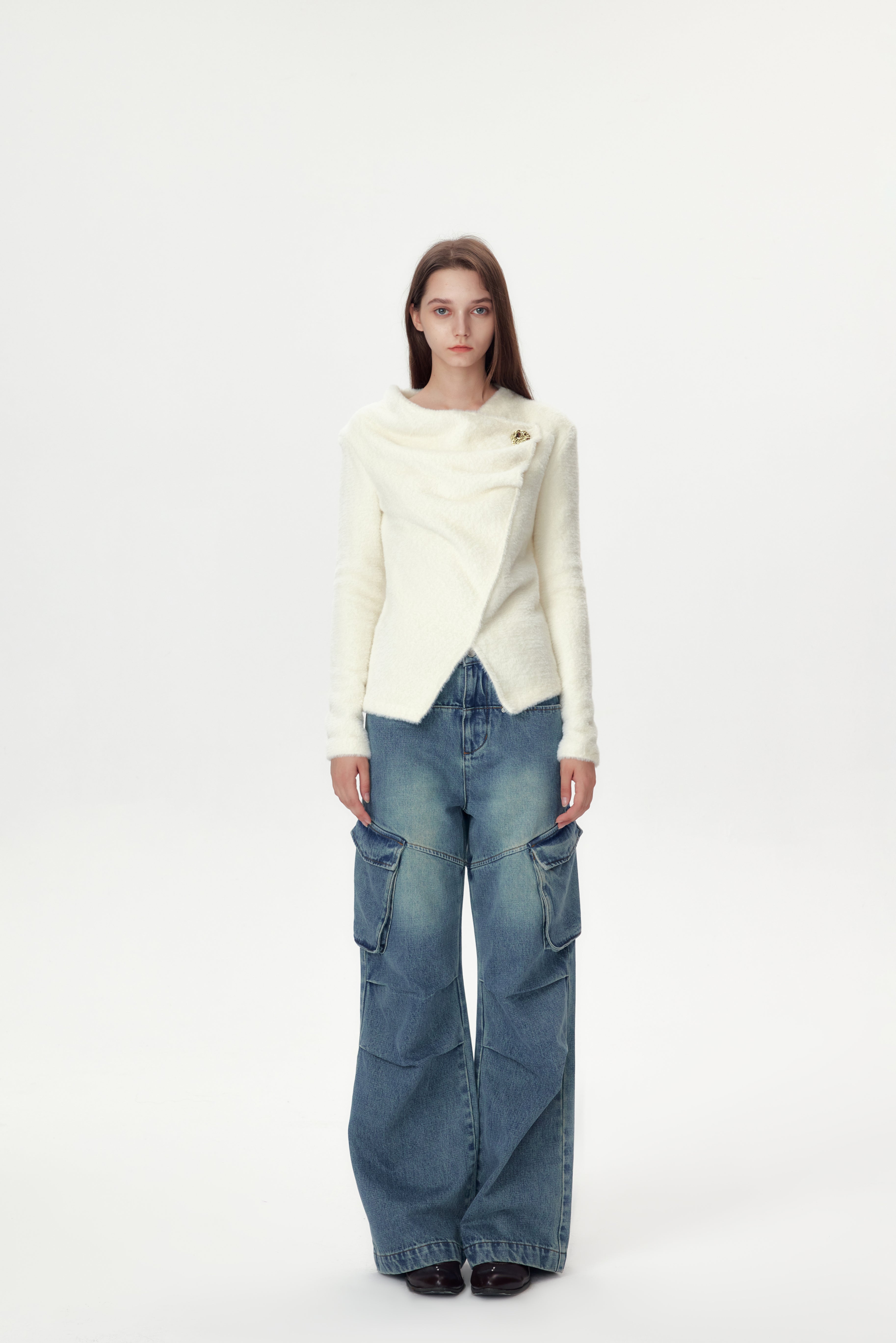 White Plush Collar Top