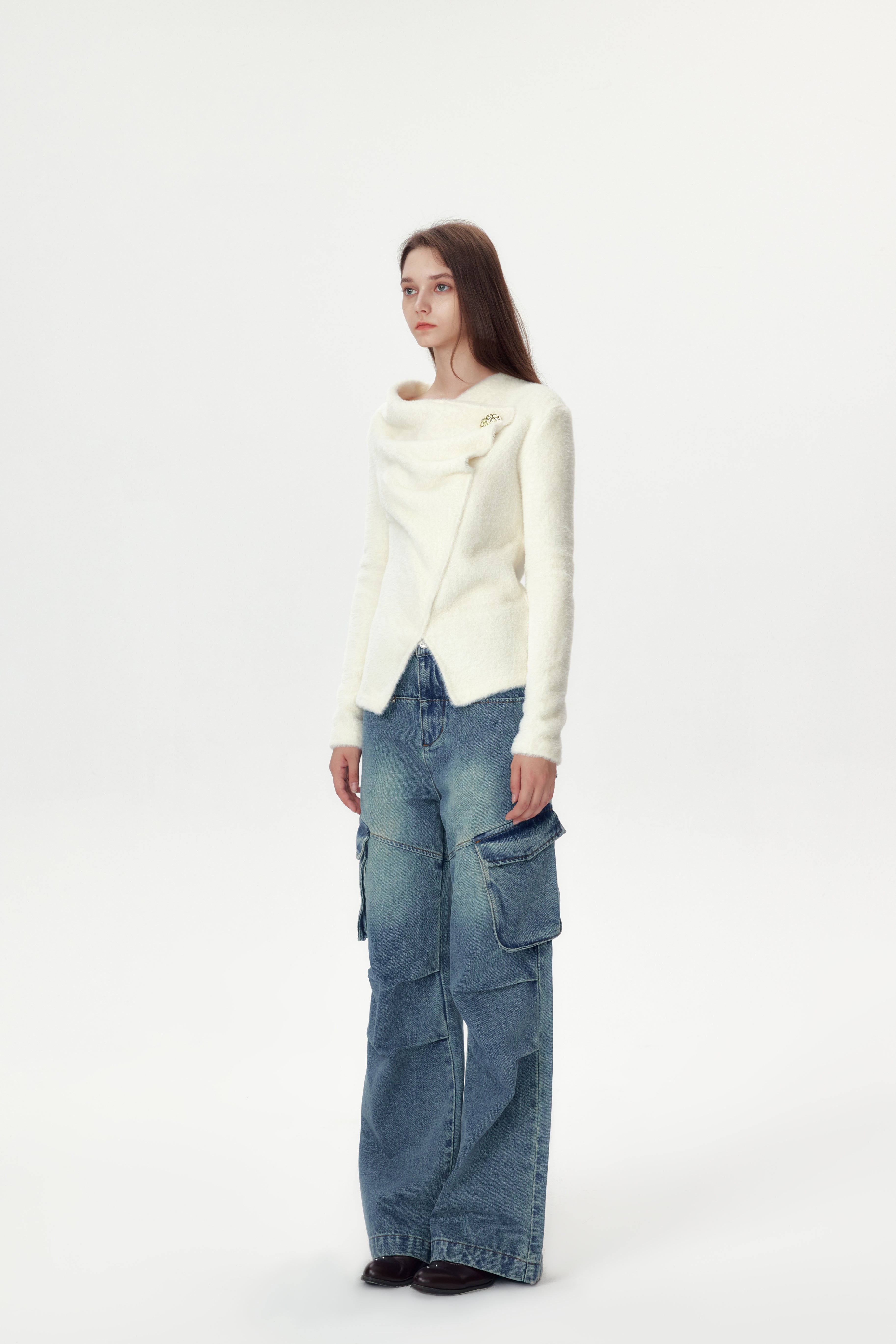 White Plush Collar Top