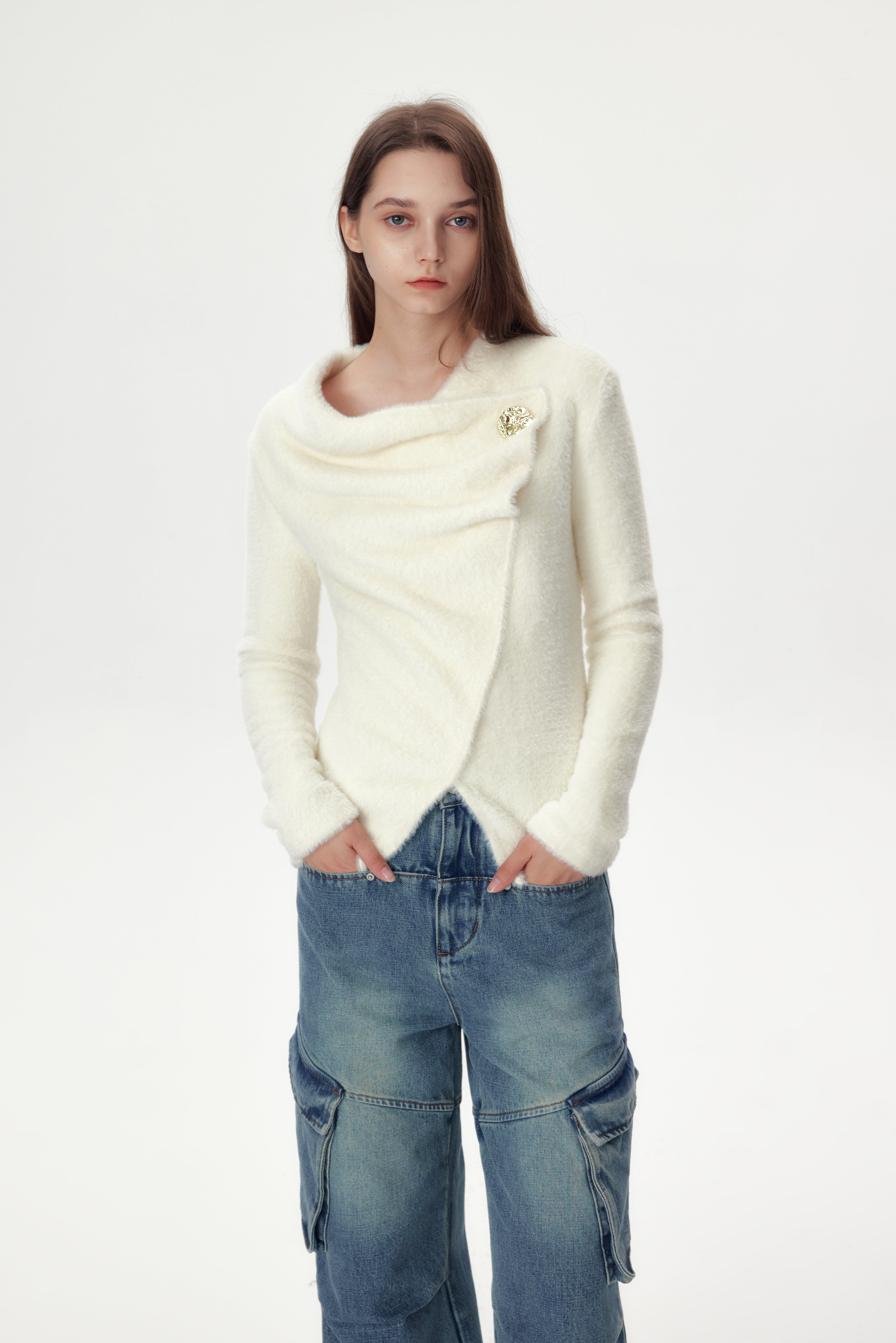 White Plush Collar Top