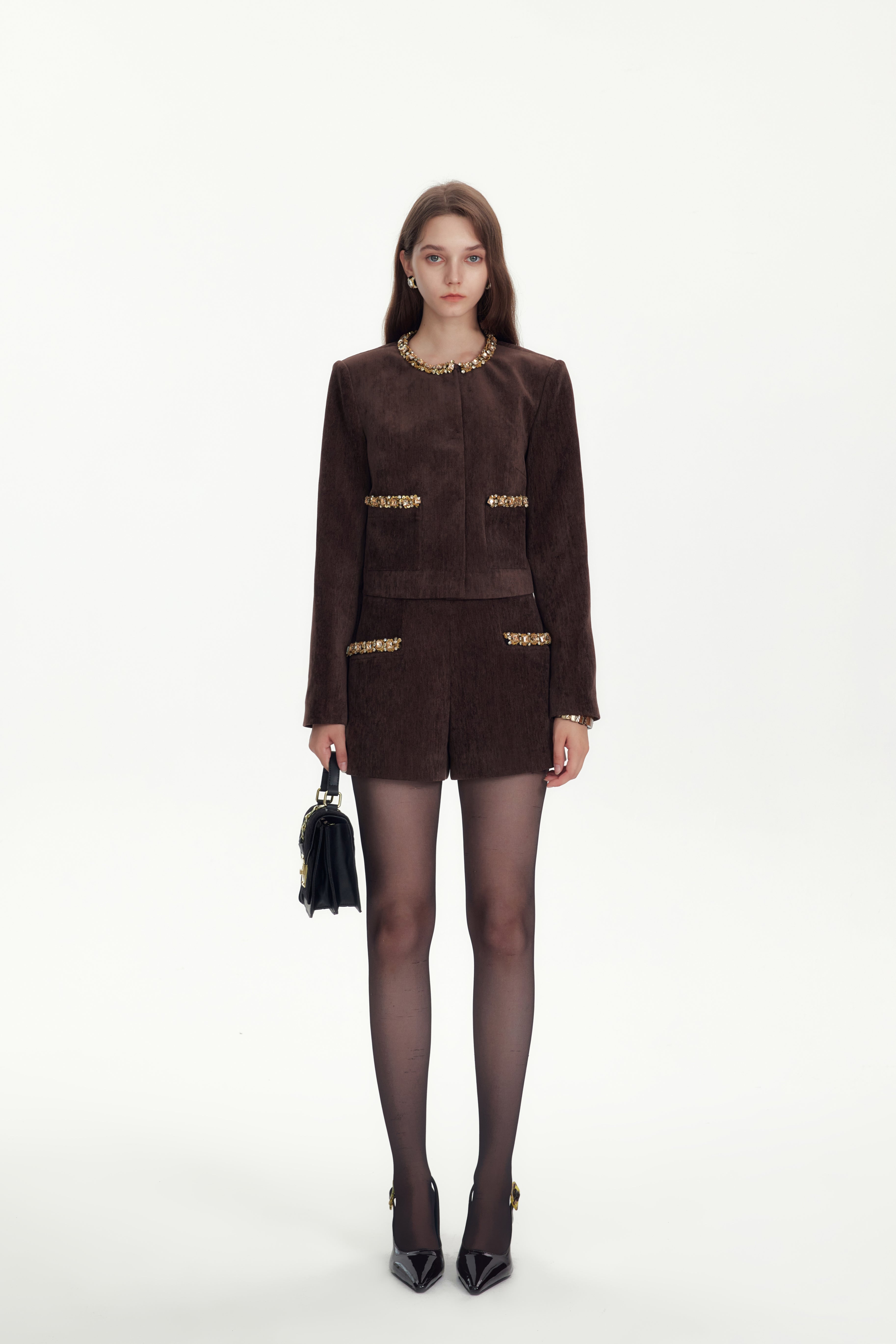 Brown Hand-sewn Diamond Chain A-line Shorts