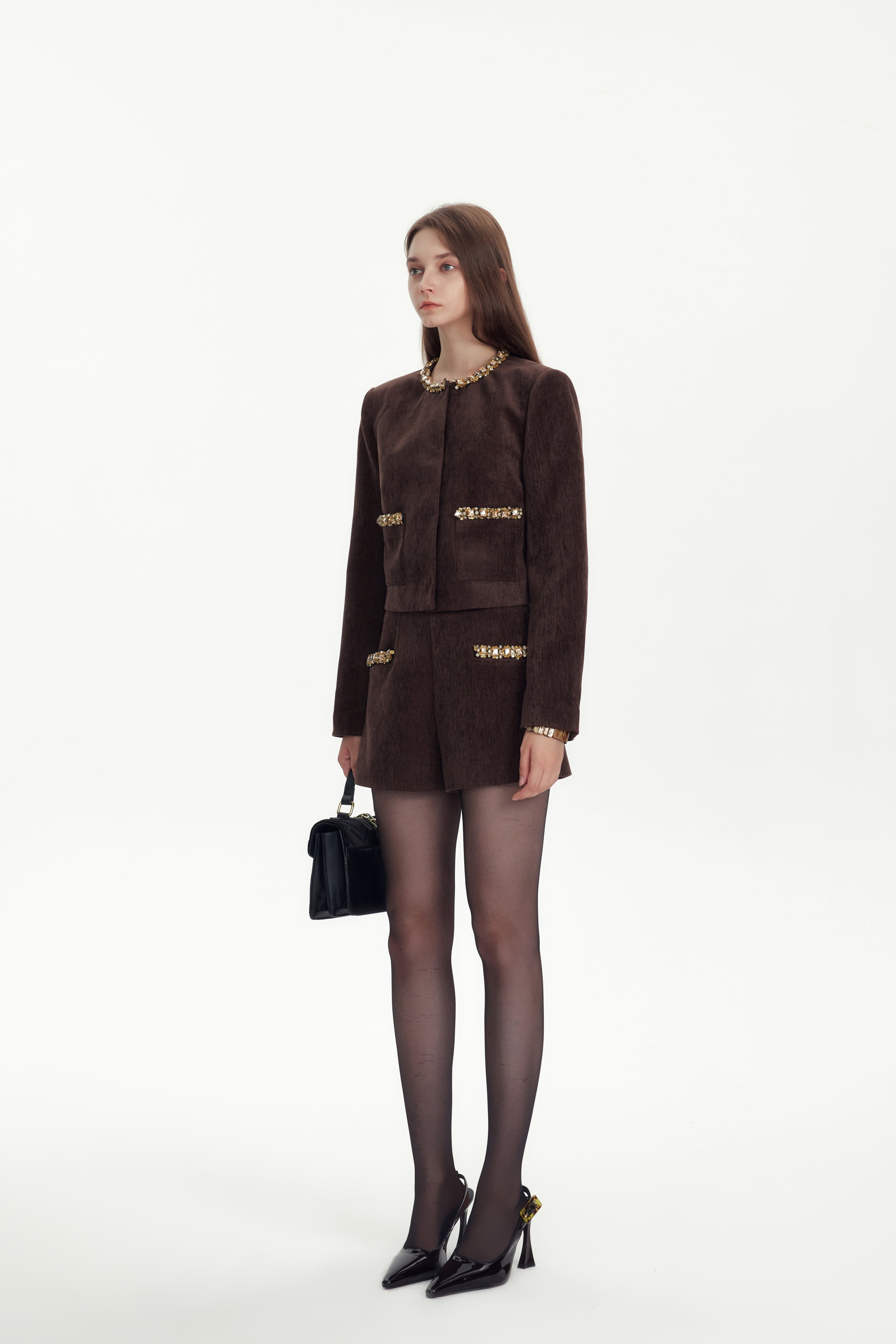 Brown Hand-sewn Diamond Chain A-line Shorts