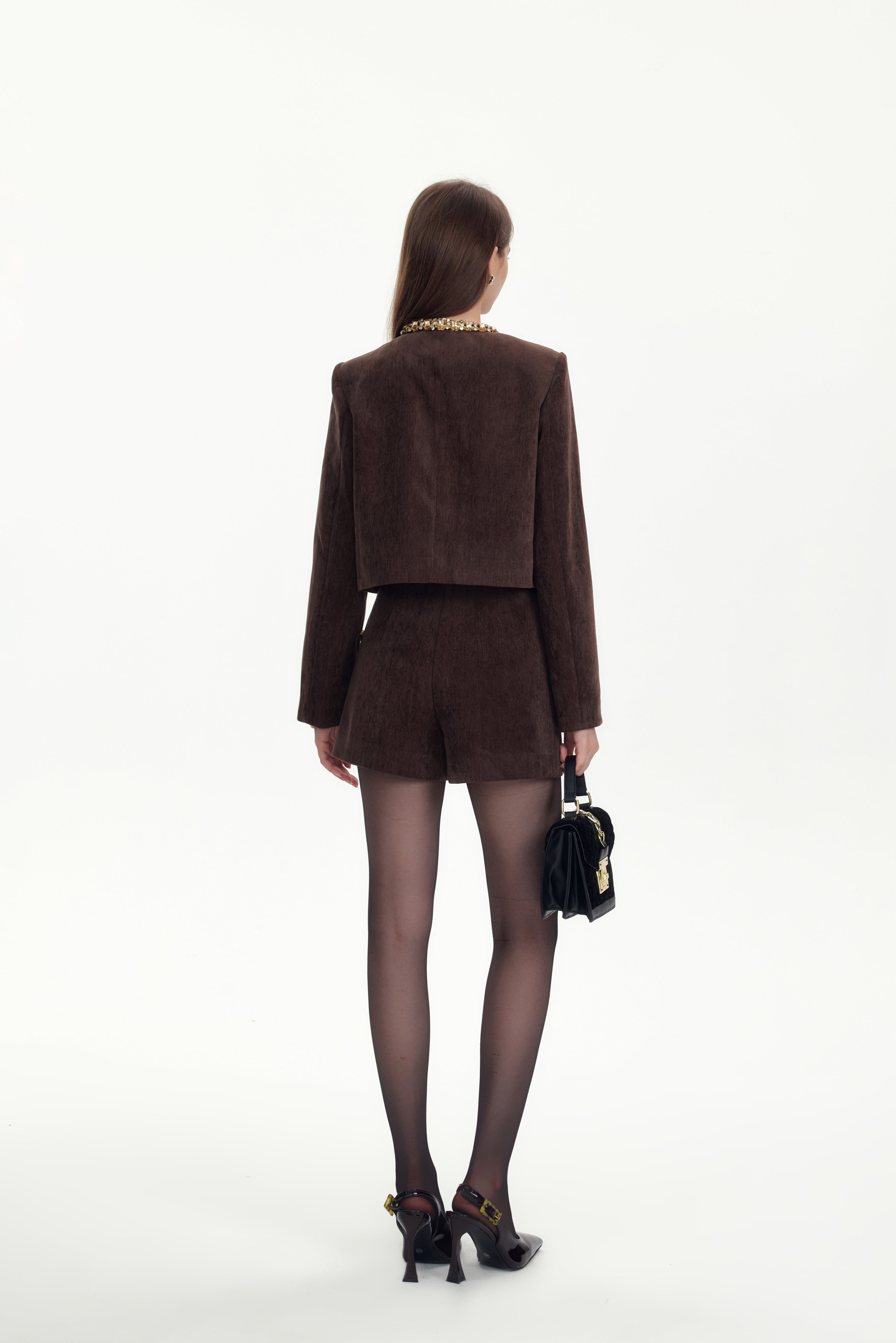 Brown Hand-sewn Diamond Chain A-line Shorts