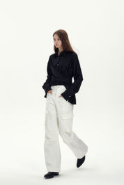 Black Satin Sheen Irregular Waisted Shirt