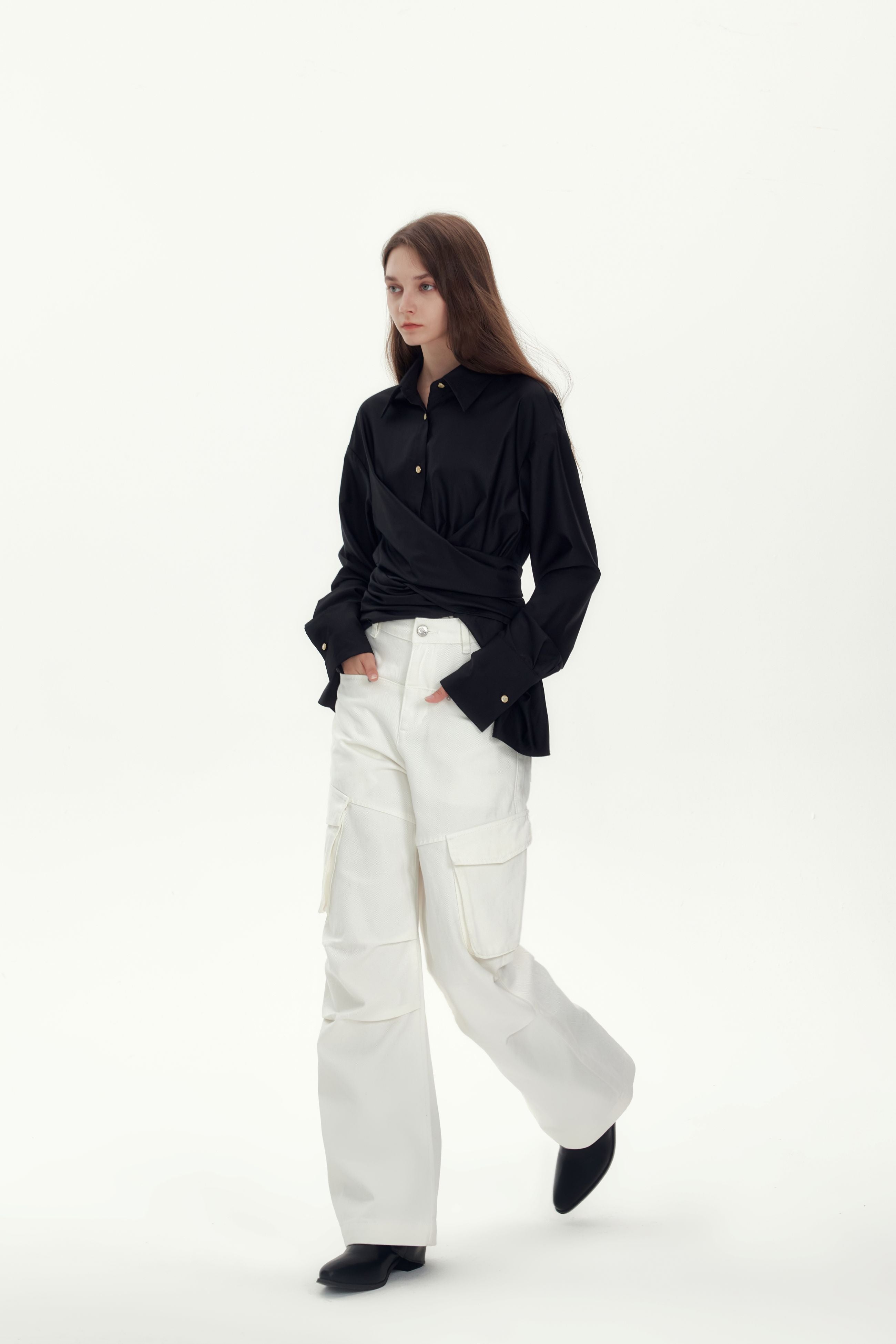 Black Satin Sheen Irregular Waisted Shirt