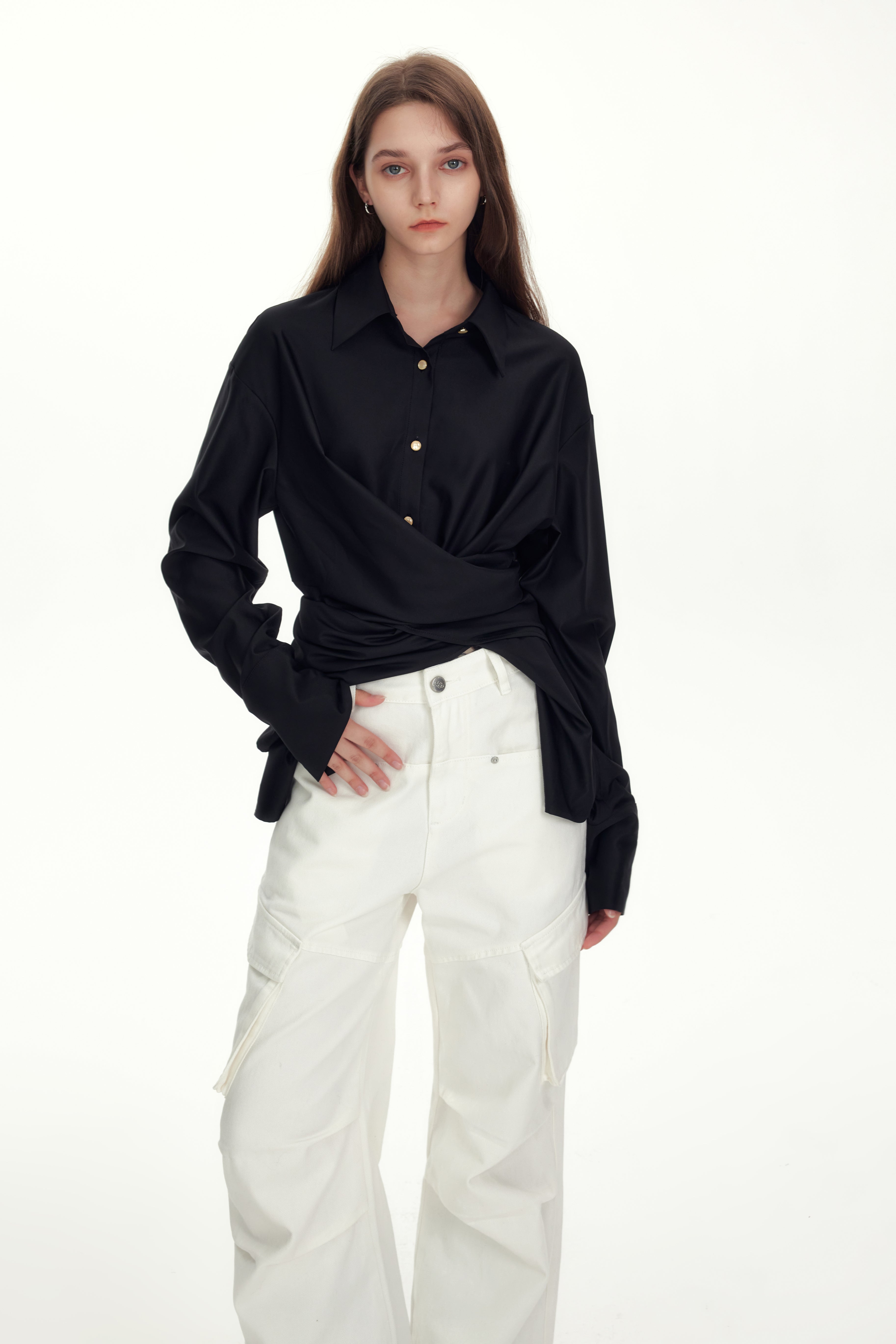 Black Satin Sheen Irregular Shirt