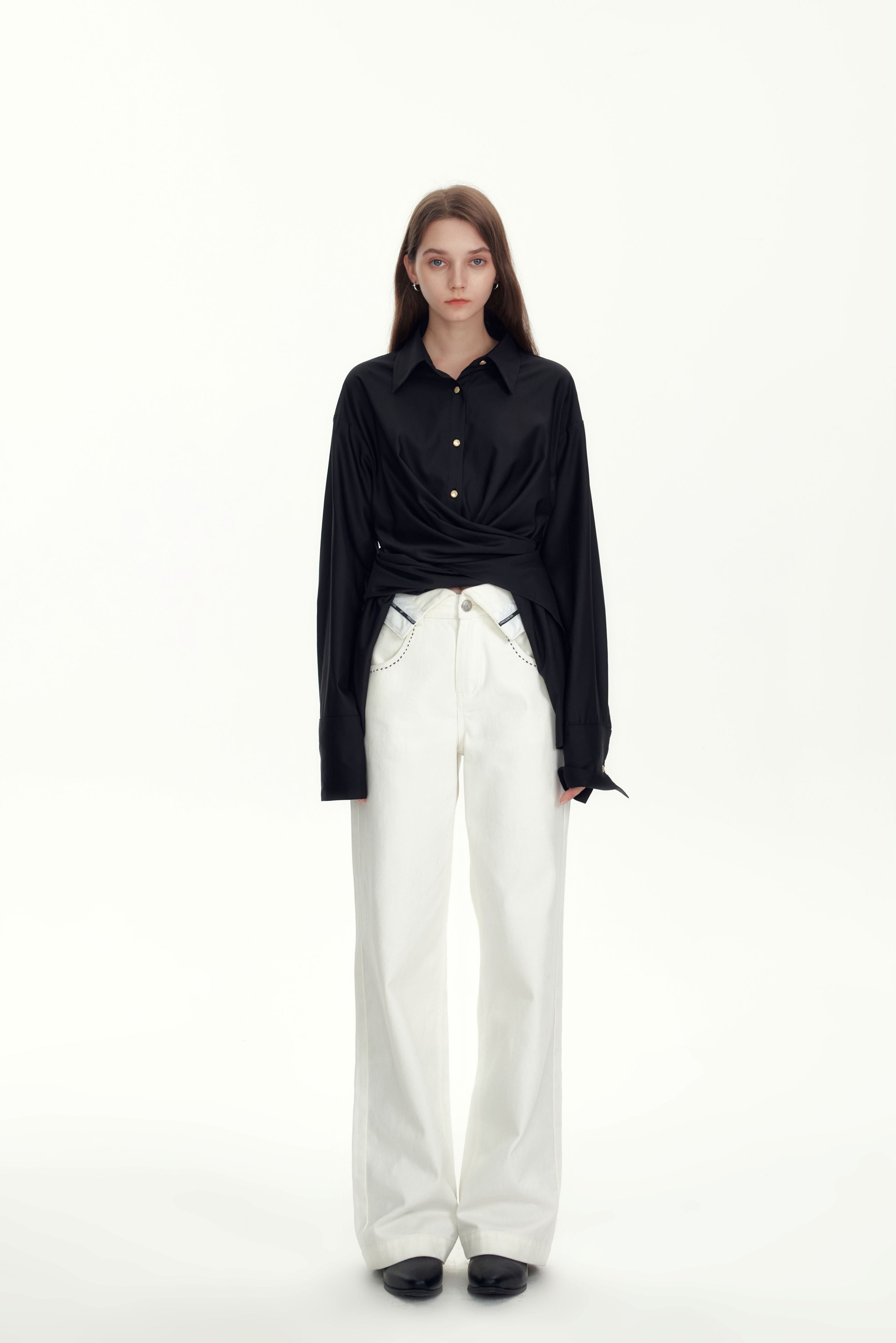 Black Satin Sheen Irregular Waisted Shirt
