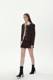 Brown Embroidery Double Waistband Skirt