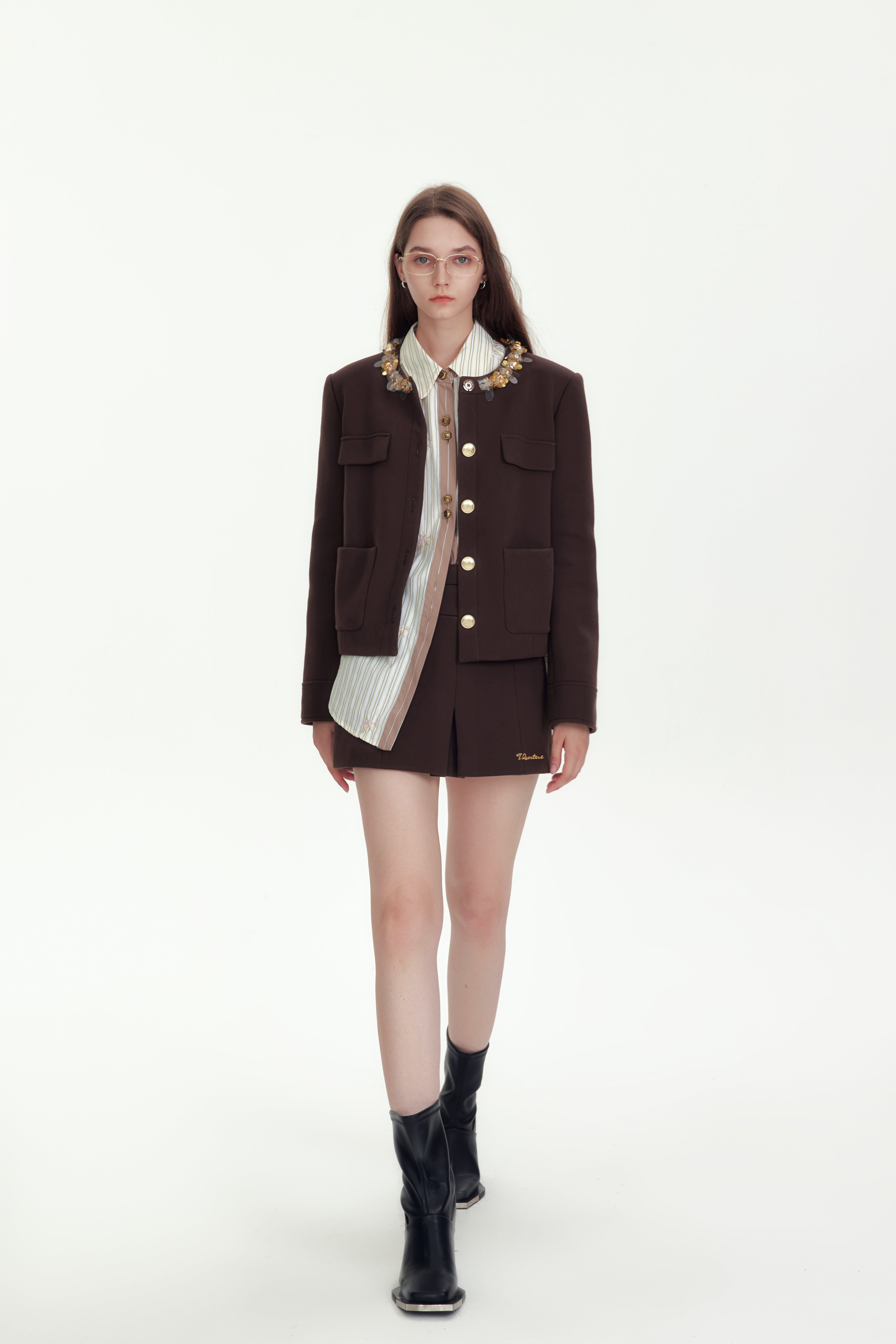 Brown Embroidery Double Waistband Skirt