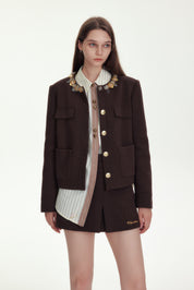 Brown Embroidery Double Waistband Skirt