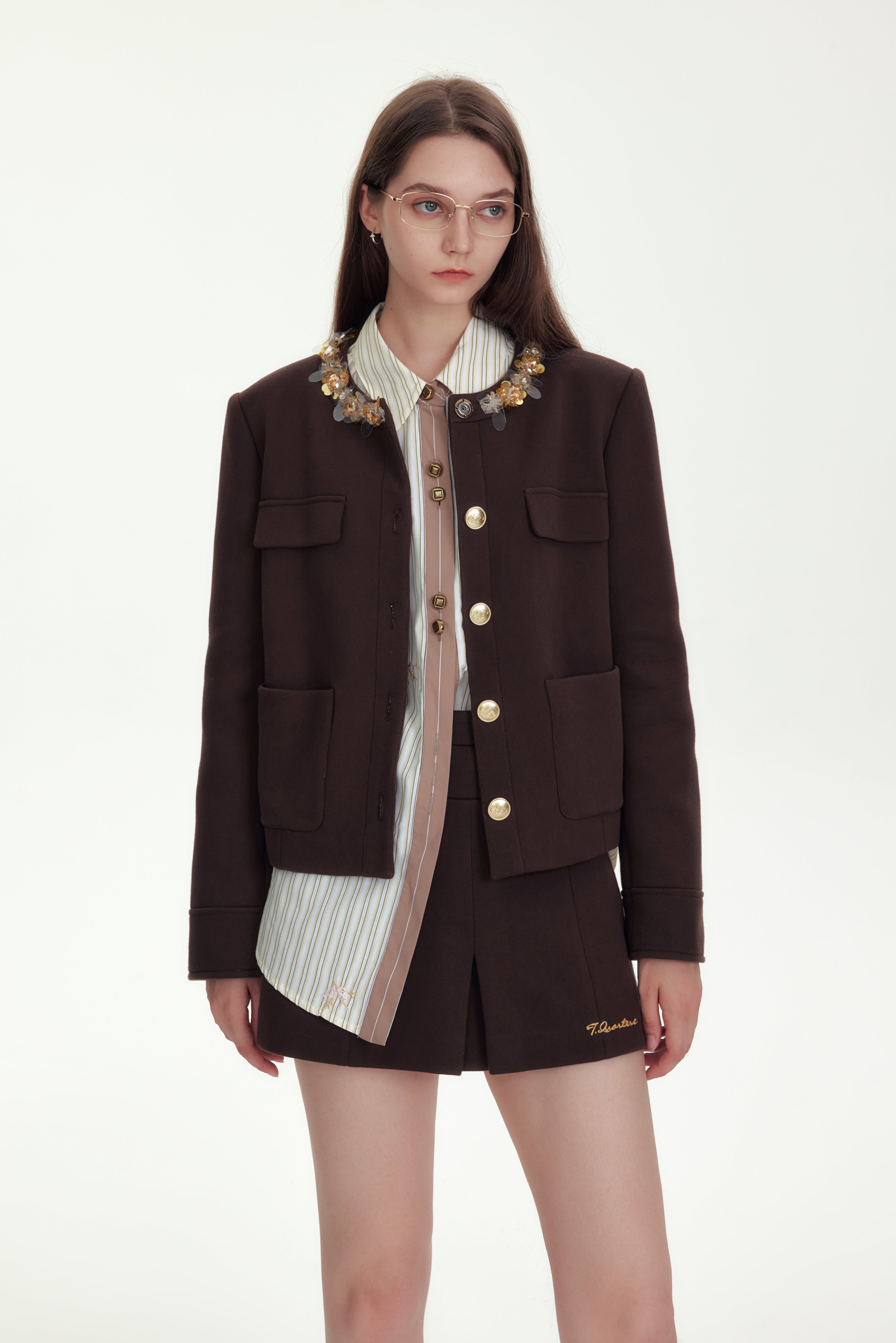 Brown Embroidery Double Waistband Skirt