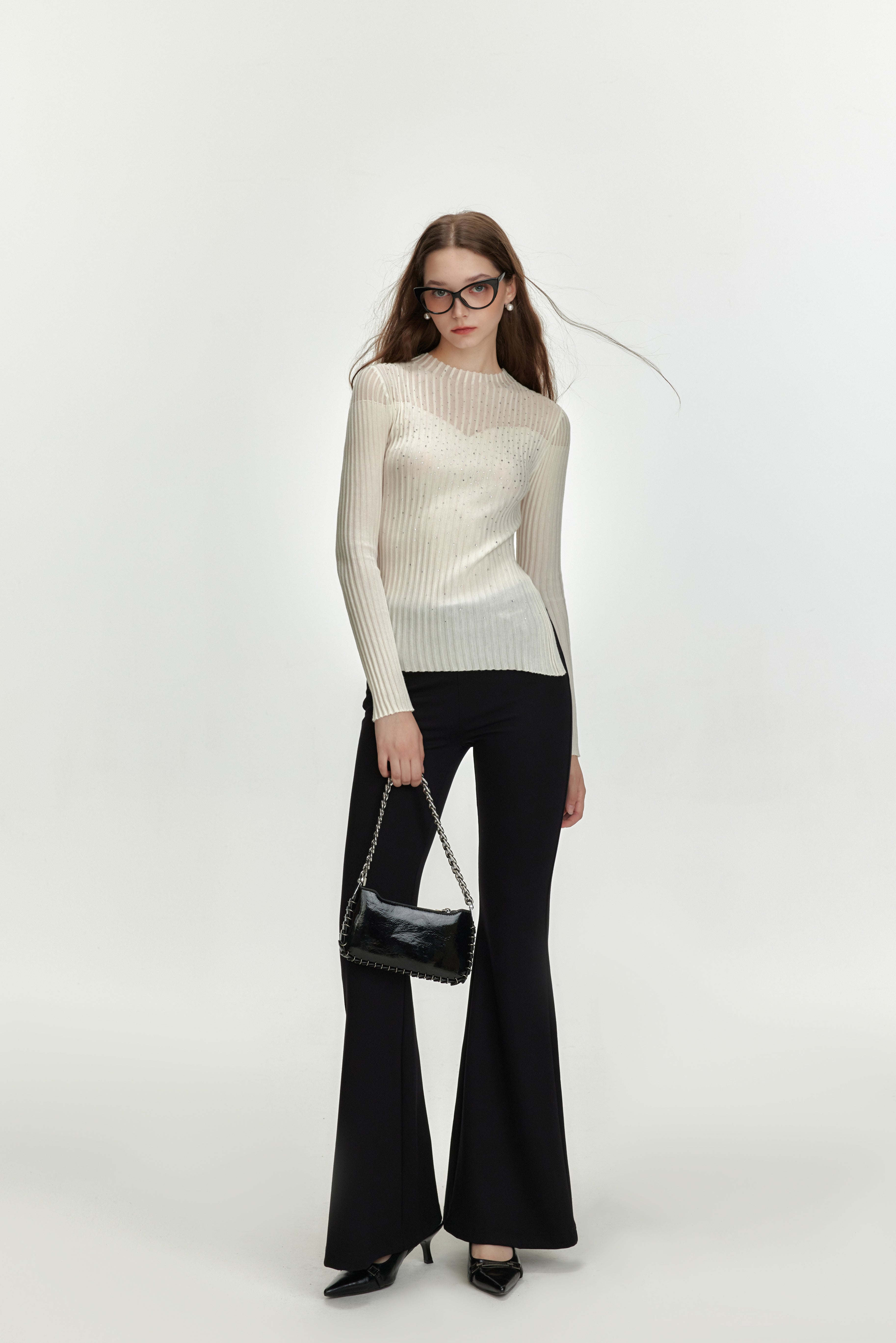 Black Open-waisted Knitted Flare pants