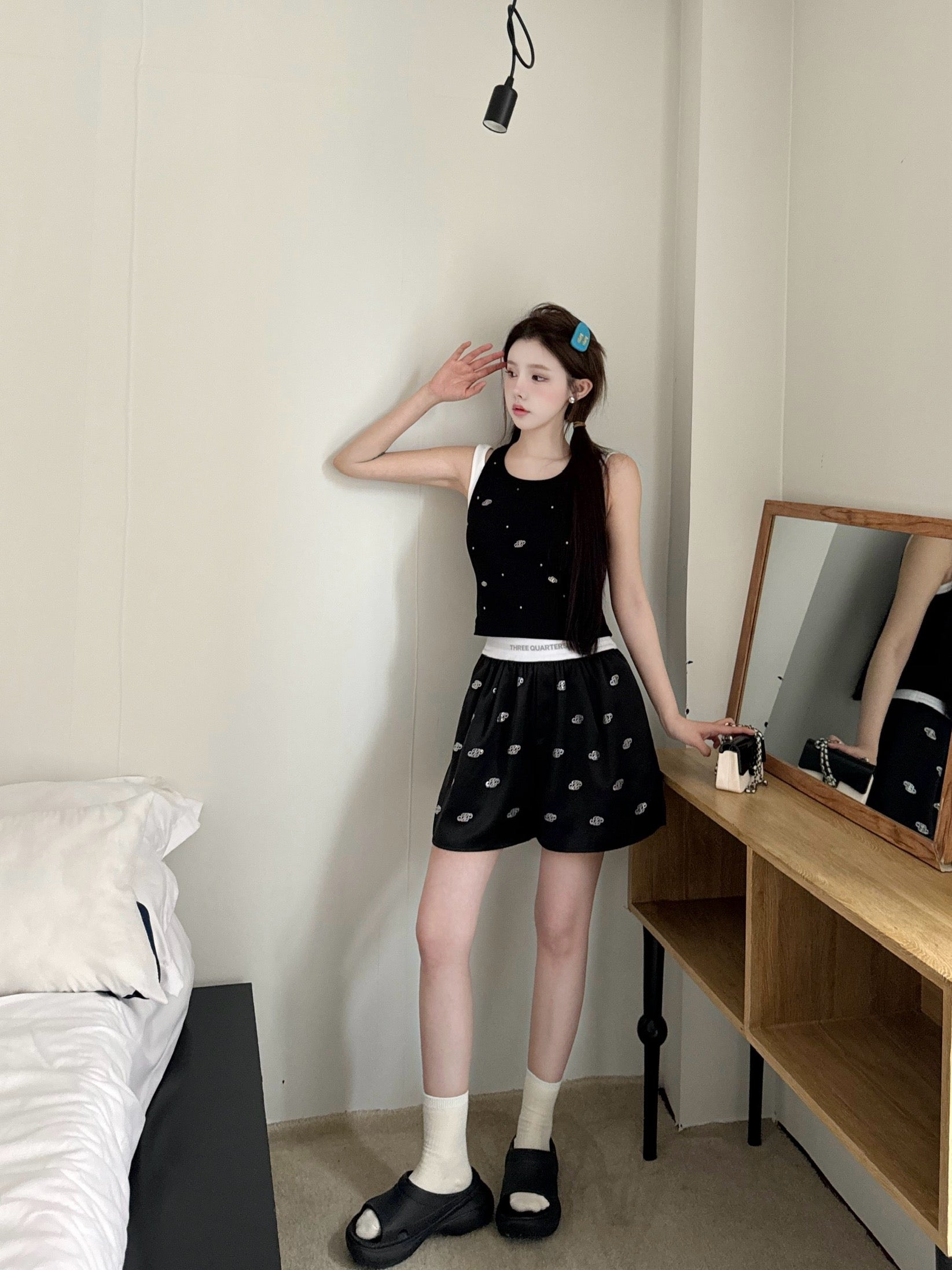 Black Satin Diamond Logo High Waist Shorts