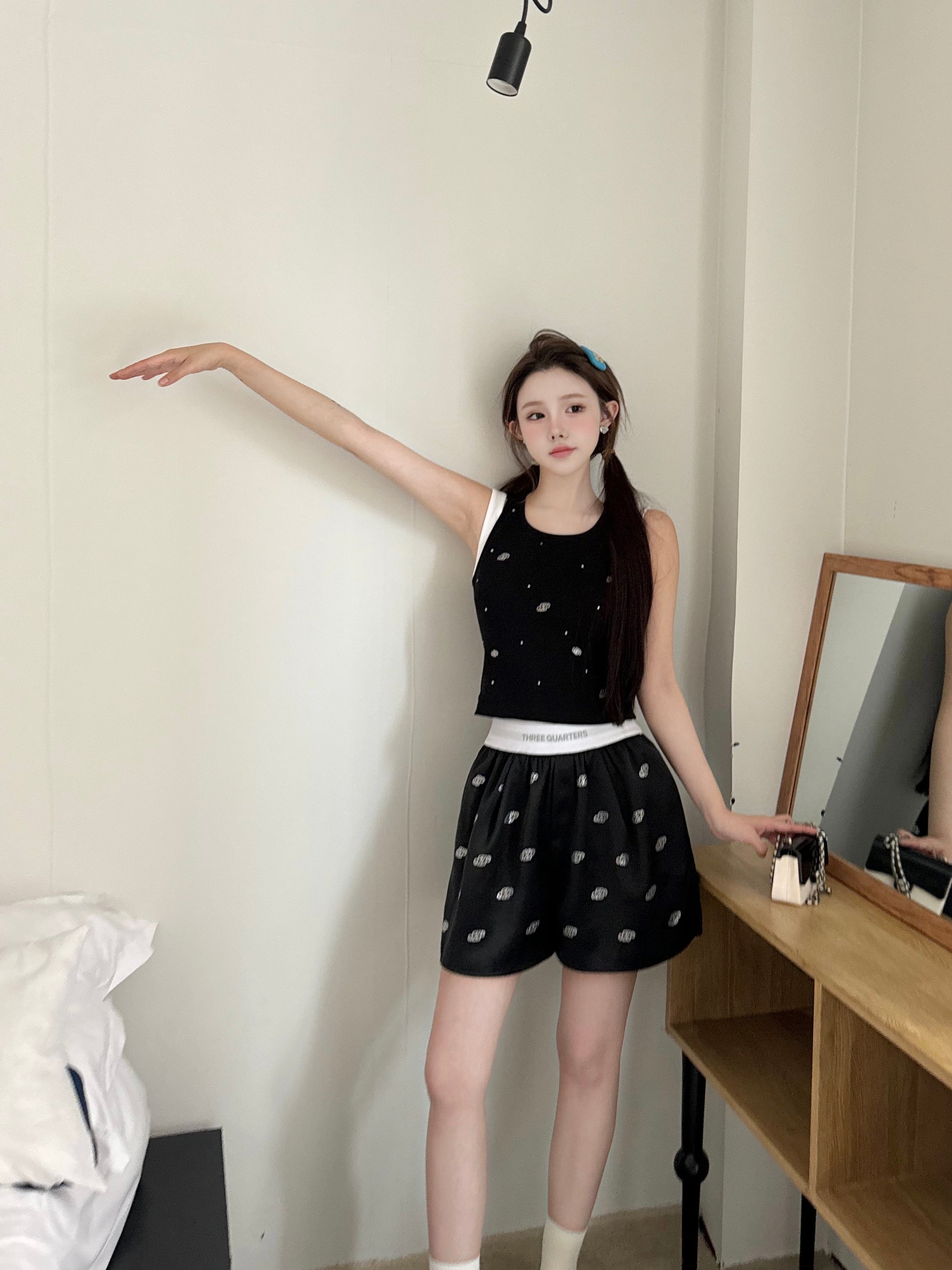 Black Satin Diamond Logo High Waist Shorts