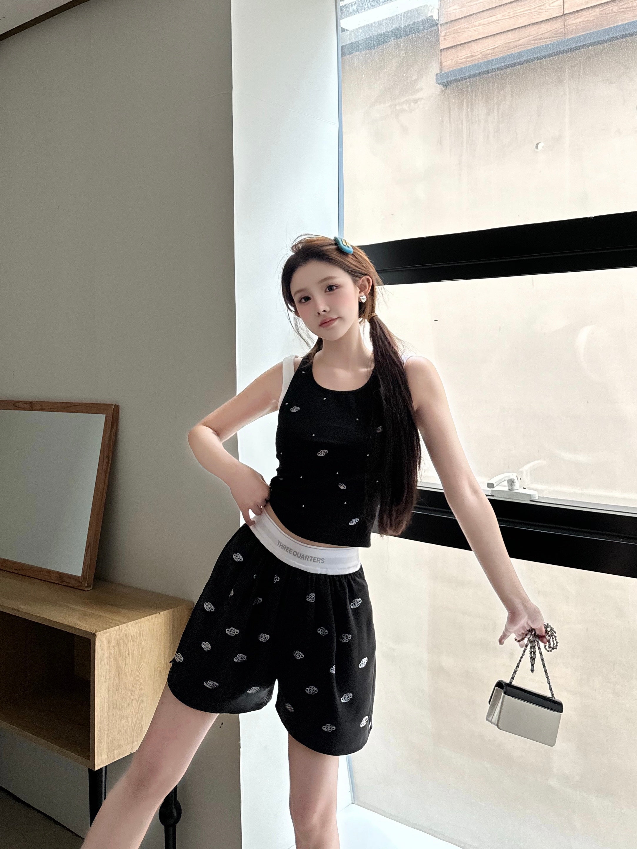 Black Satin Diamond Logo High Waist Shorts