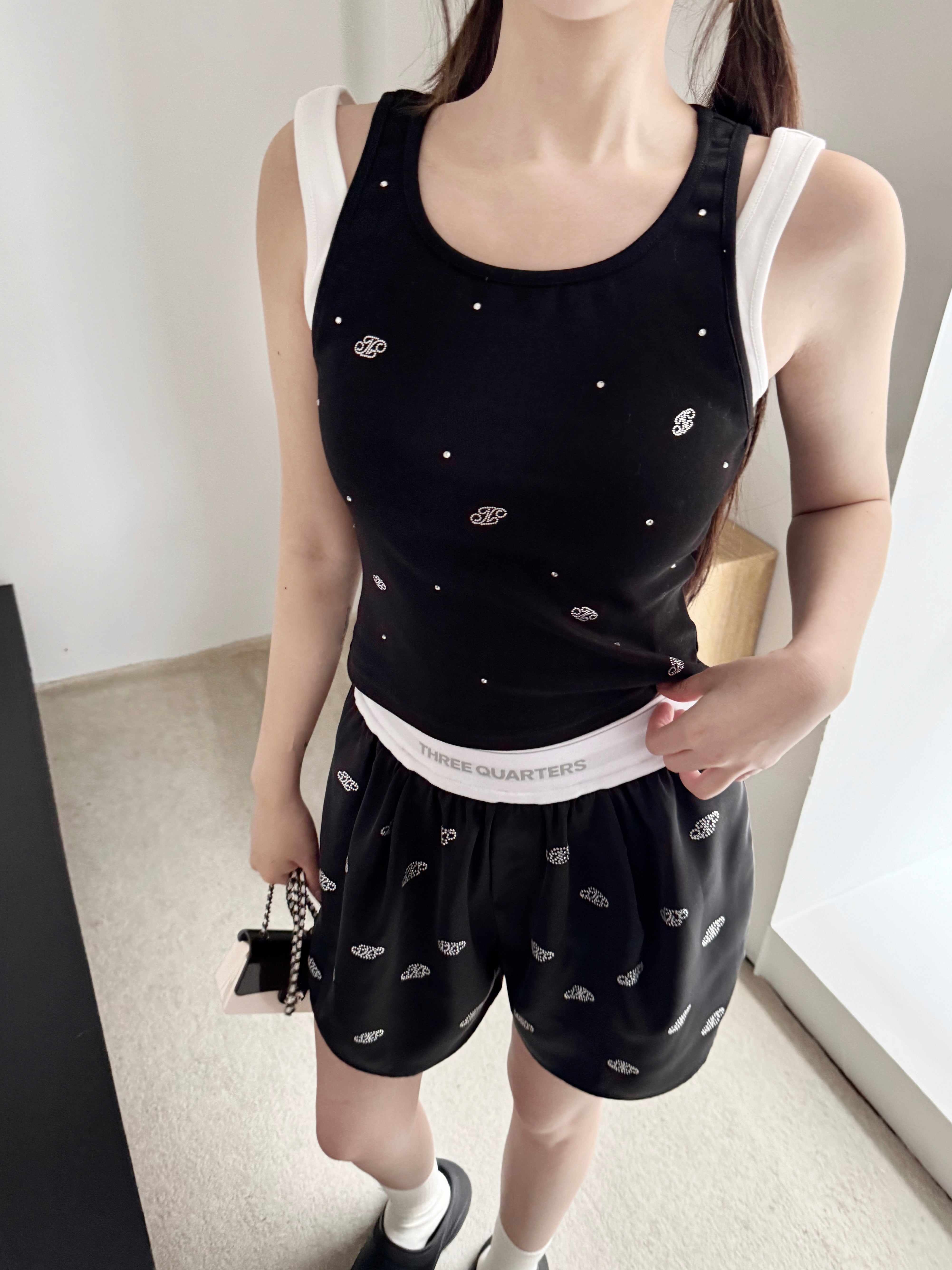 Black Satin Diamond Logo High Waist Shorts