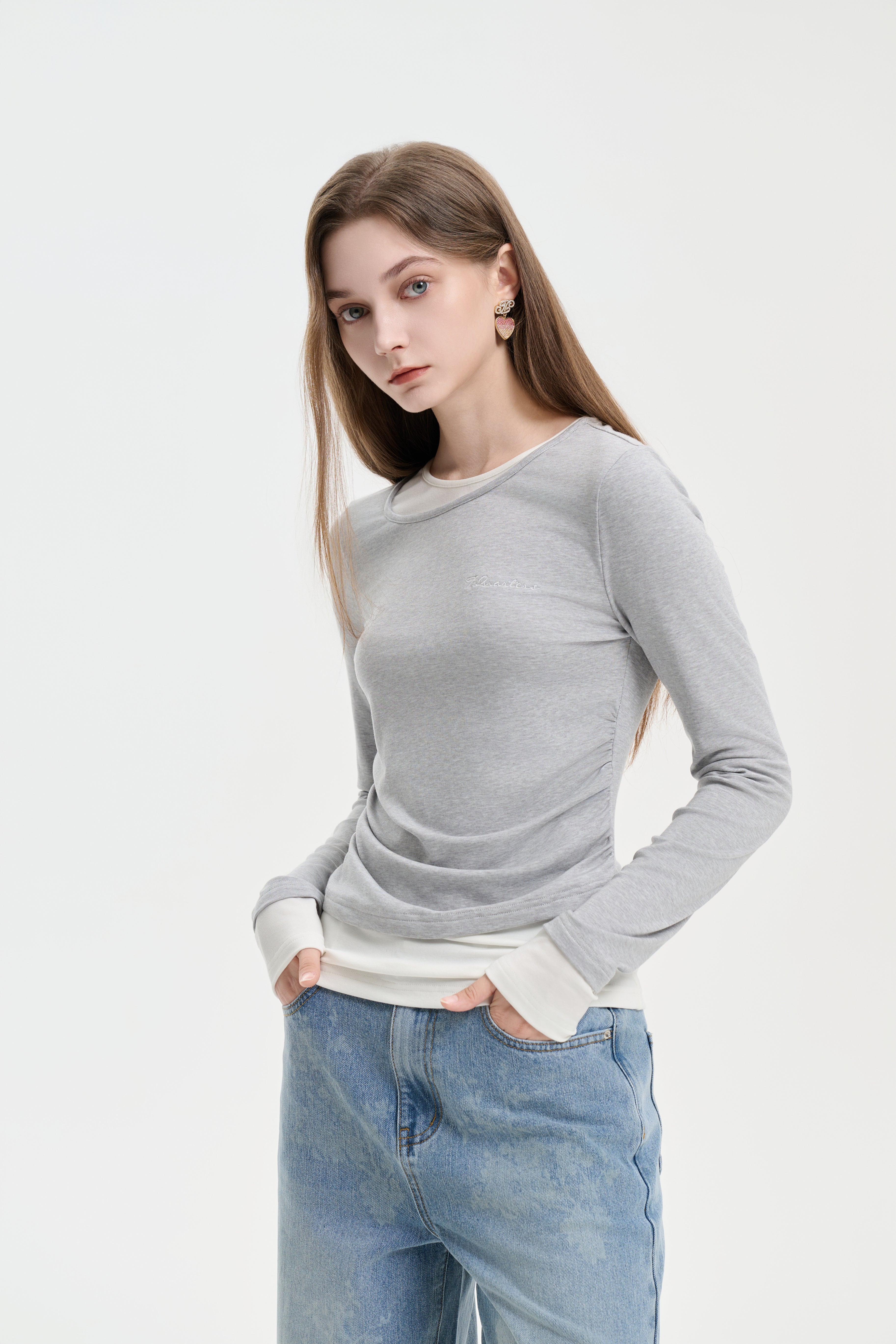 Grey Double-Collar Tencel Wool Base Top