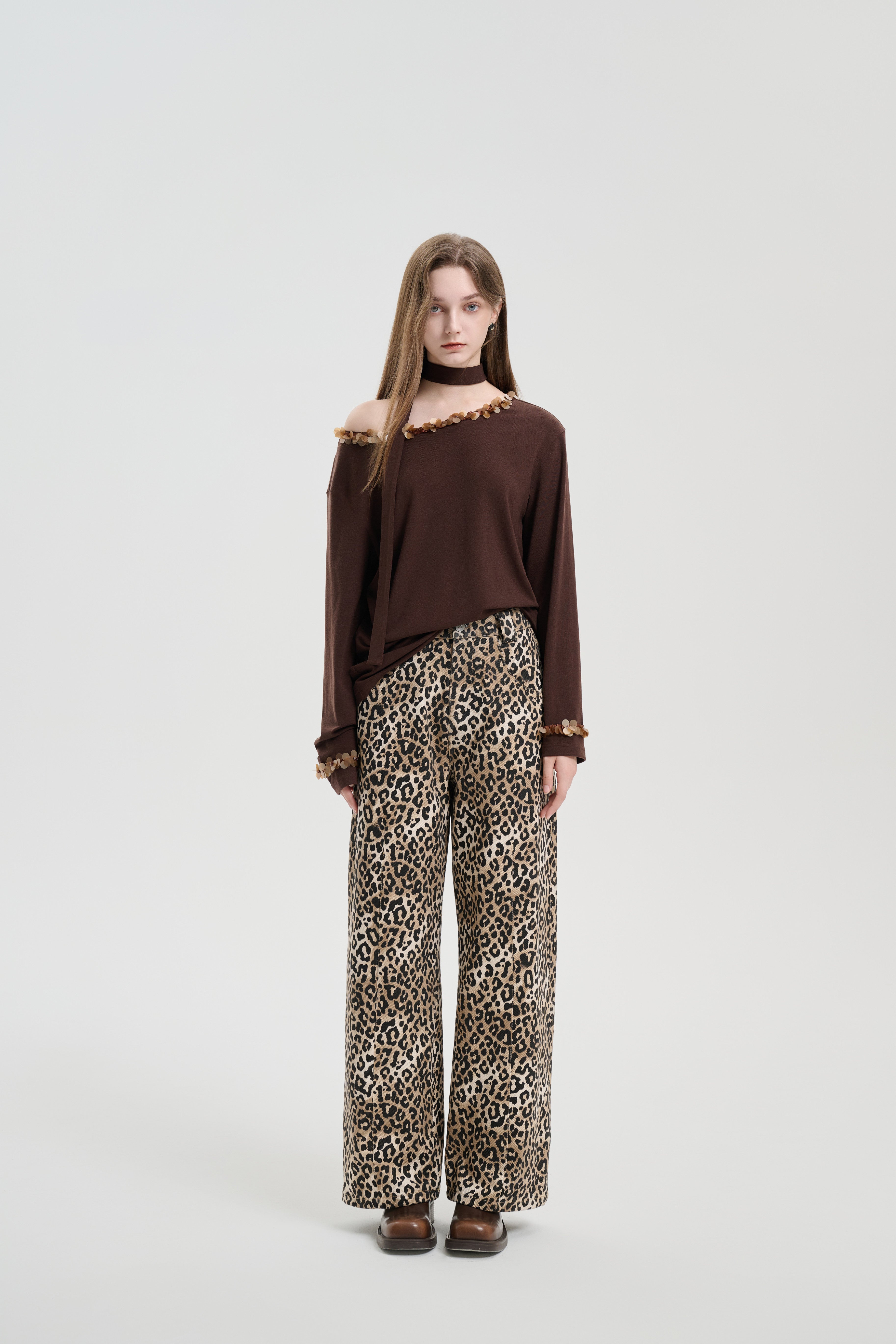 Brown Ribbon Off-shoulder Tencel Sequin Top