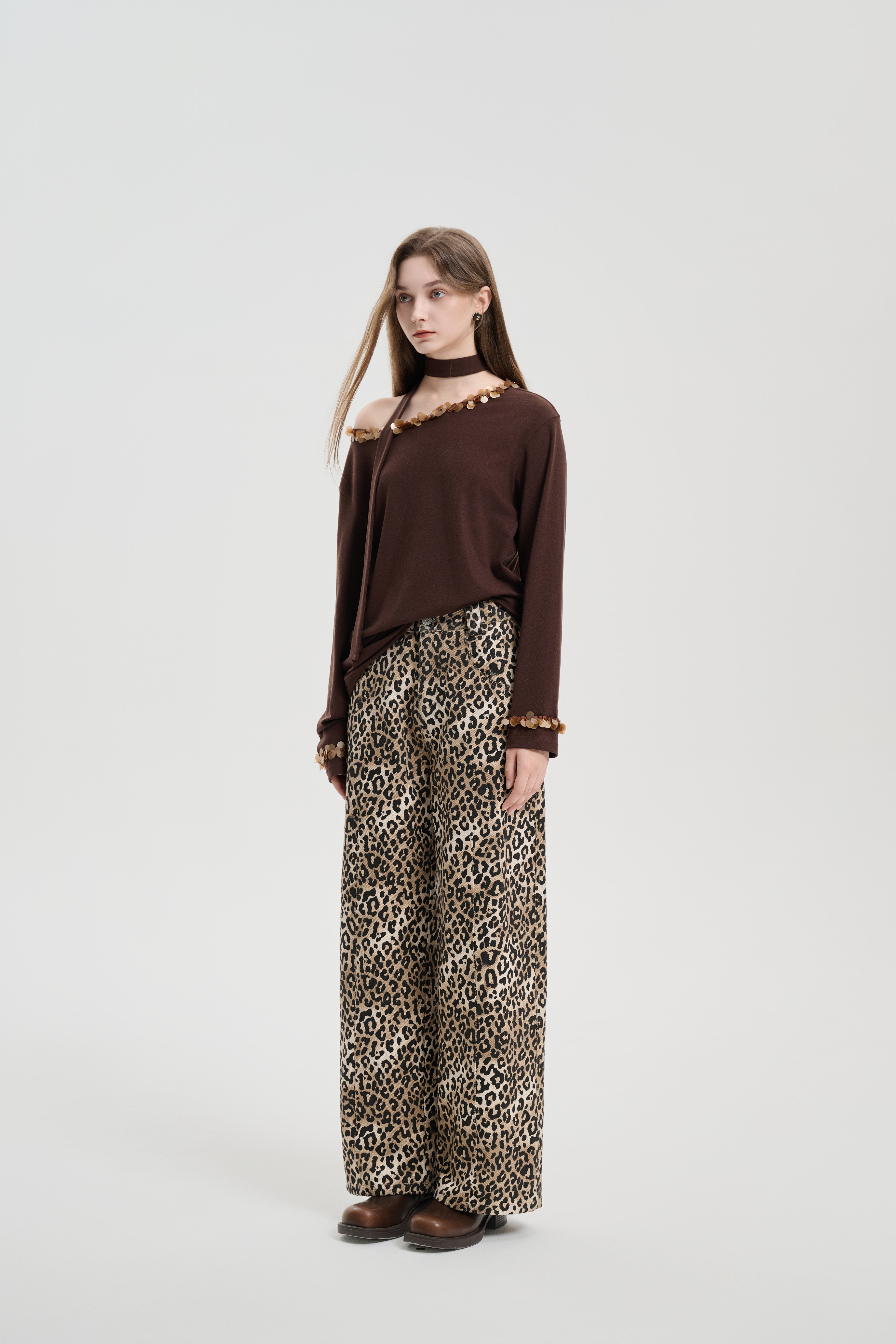 Brown Ribbon Off-shoulder Tencel Sequin Top