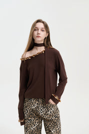 Brown Ribbon Off-shoulder Tencel Sequin Top