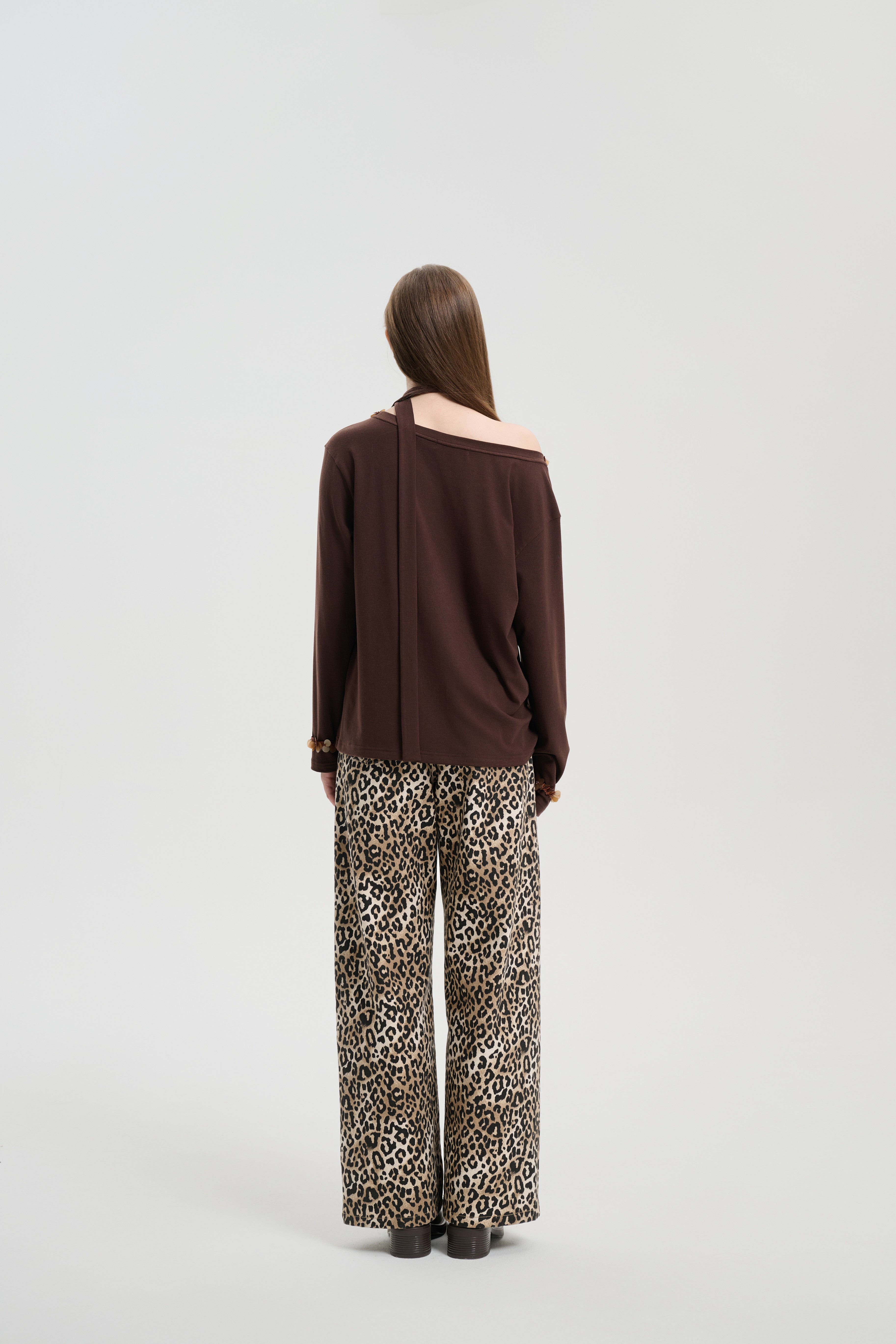 Brown Ribbon Off-shoulder Tencel Sequin Top