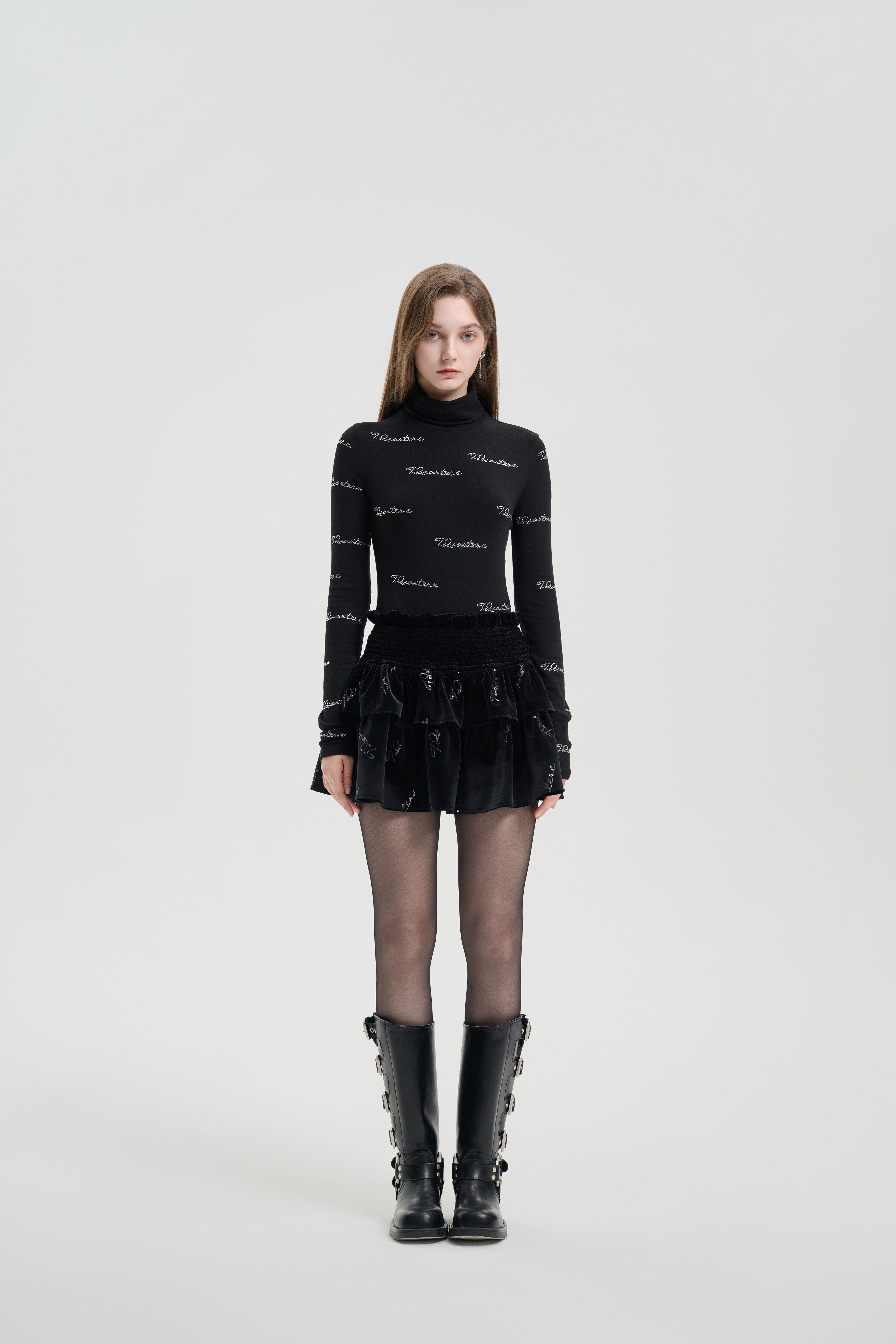 Black Velvet Embroidered Puff Skirt
