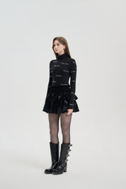 Black Velvet Embroidered Puff Skirt