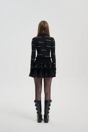 Black Velvet Embroidered Puff Skirt