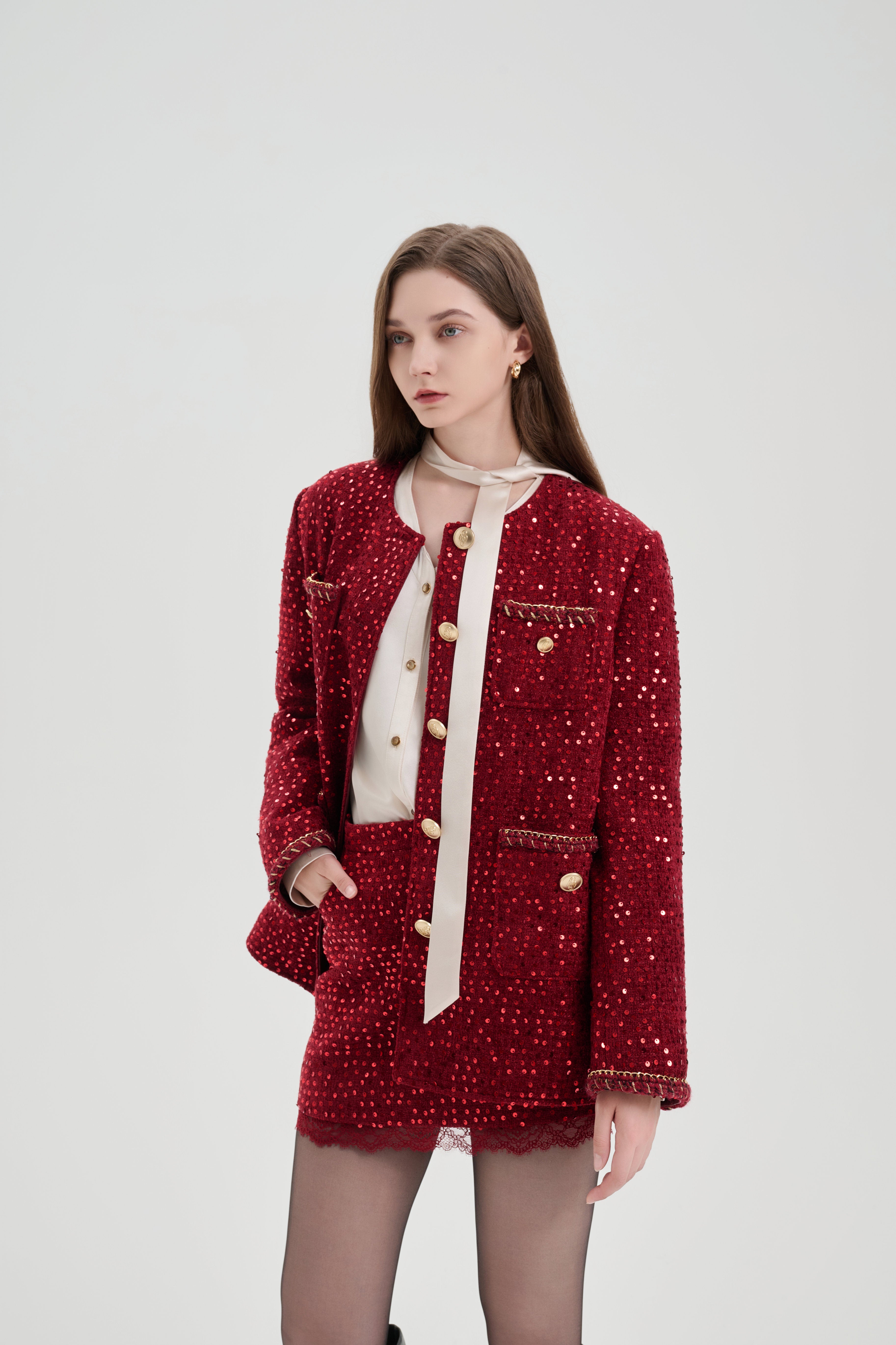 Red Sequin Lace Straight Skirt