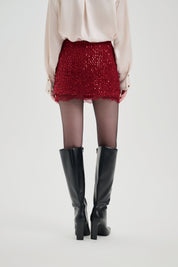 Red Sequin Lace Straight Skirt