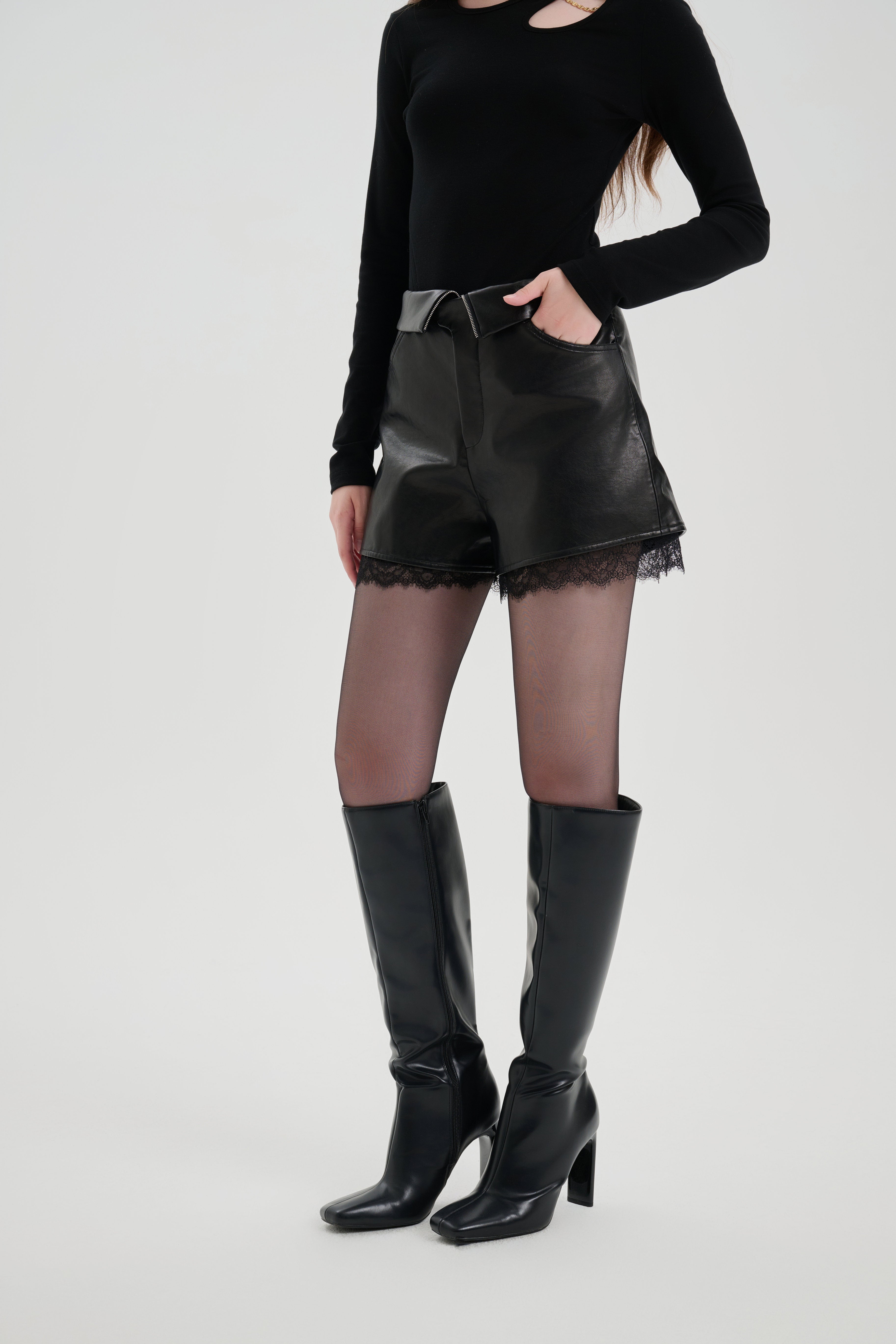 Black A-line Leather Shorts