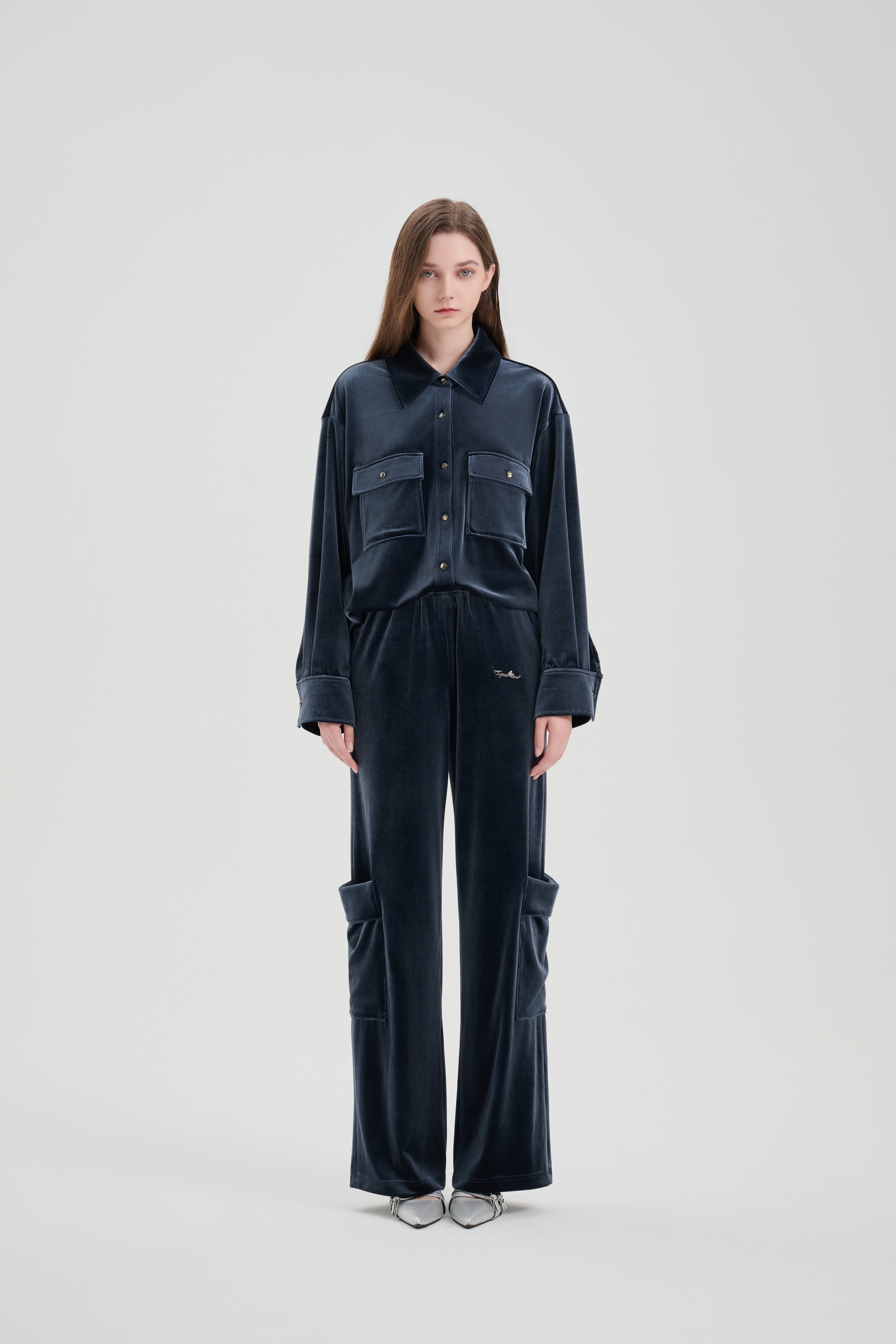 Grey-blue Velvet Cargo Pants