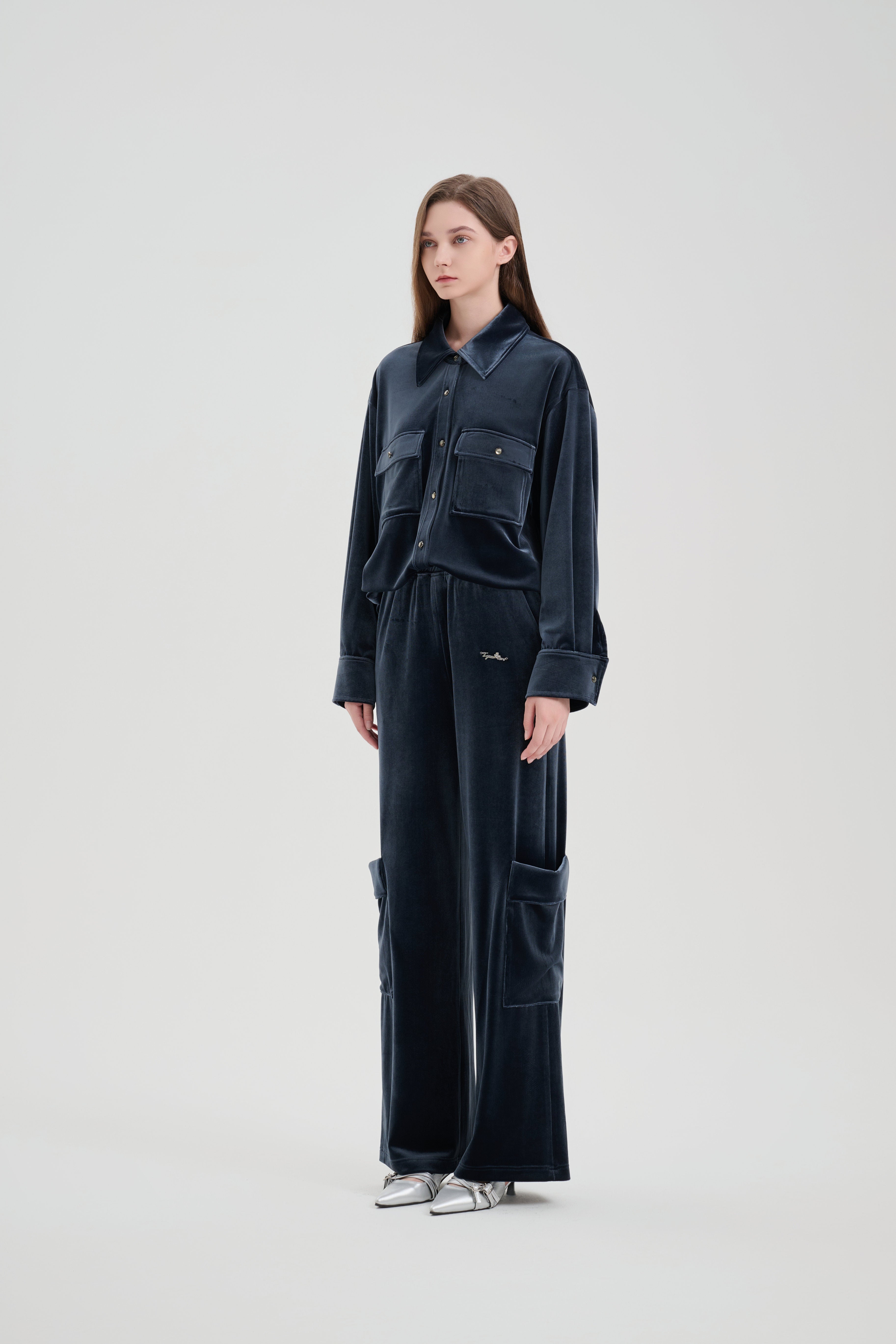 Grey-blue Velvet Cargo Pants