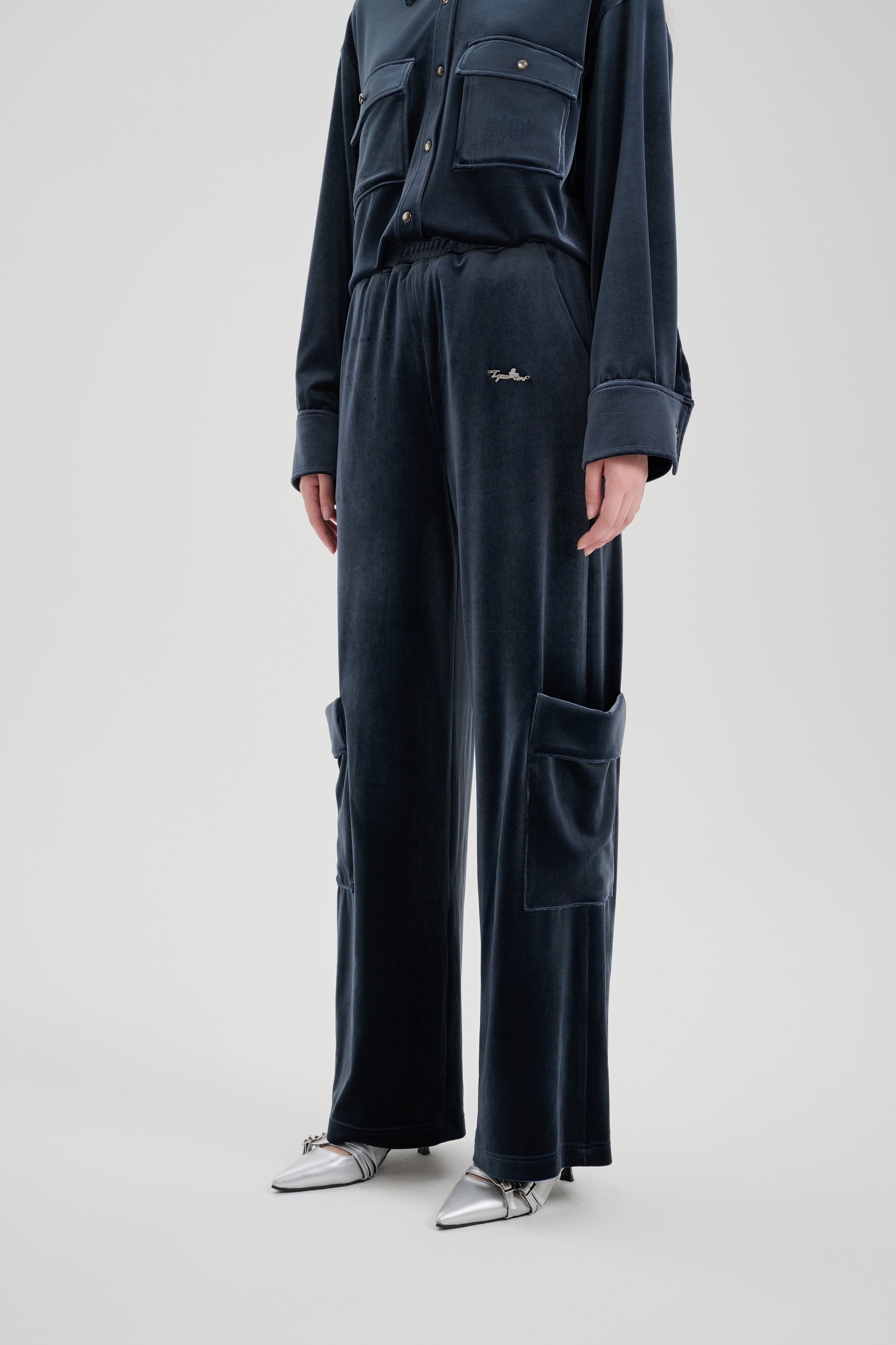Grey-blue Velvet Cargo Pants