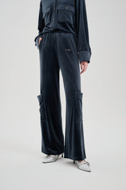 Grey-blue Velvet Cargo Pants