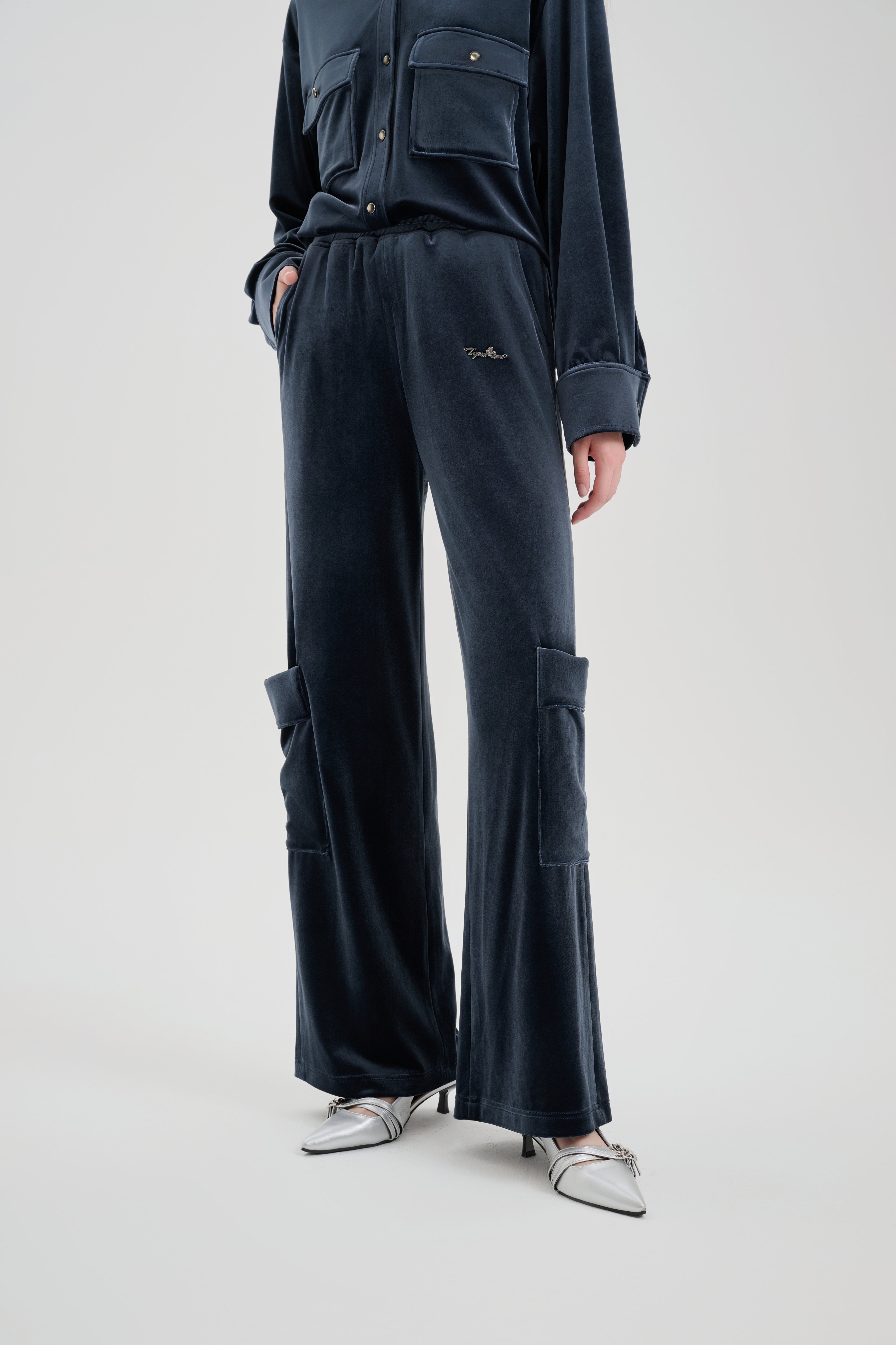 Grey-blue Velvet Cargo Pants