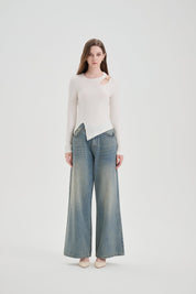 White Hollow Slit Long-sleeve T-shirt