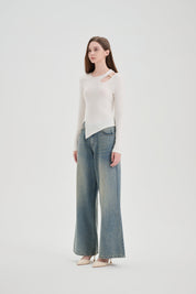 White Hollow Slit Long-sleeve T-shirt