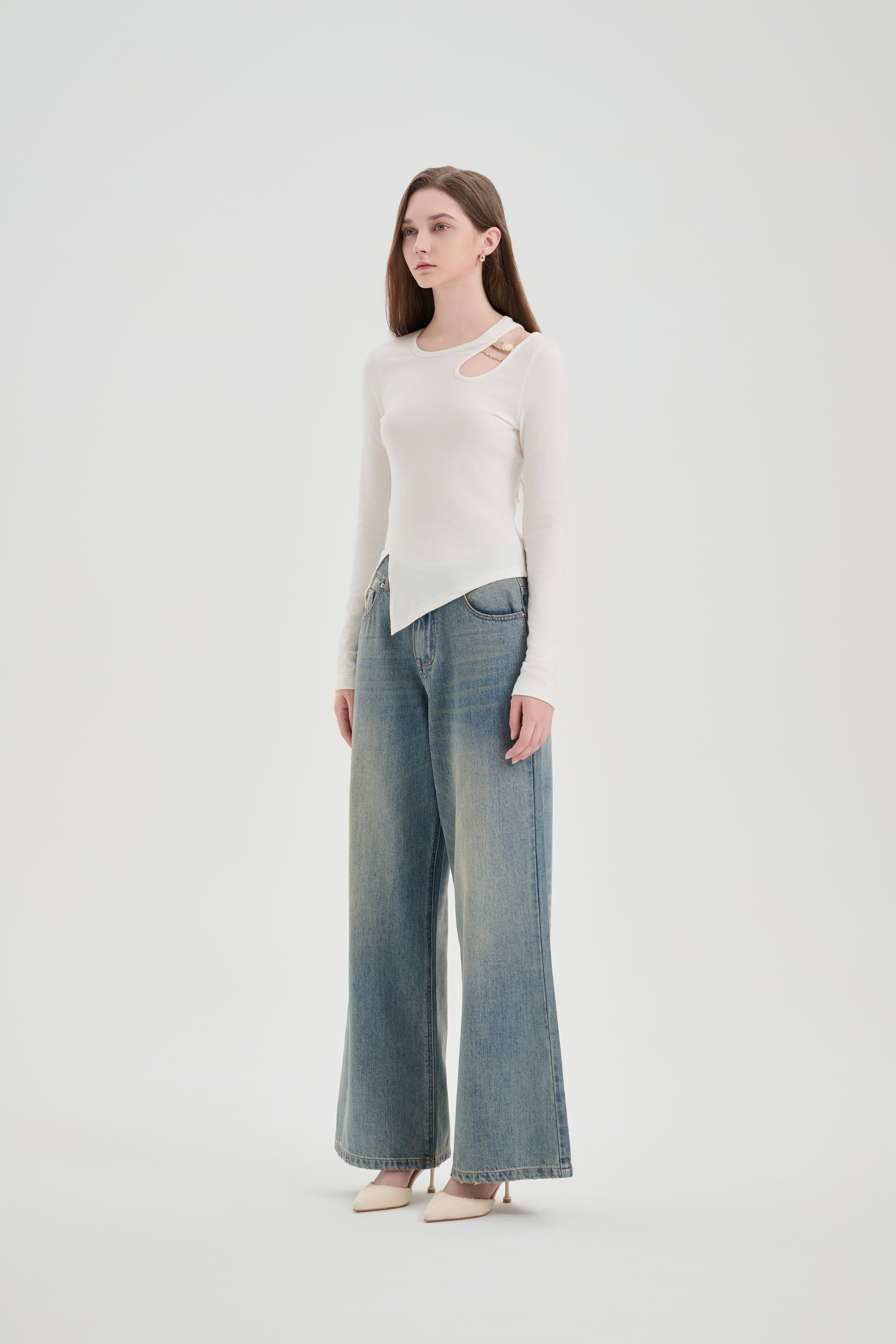 White Hollow Slit Long-sleeve T-shirt