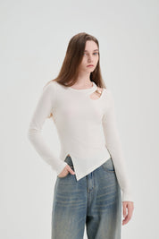 White Hollow Slit Long-sleeve T-shirt