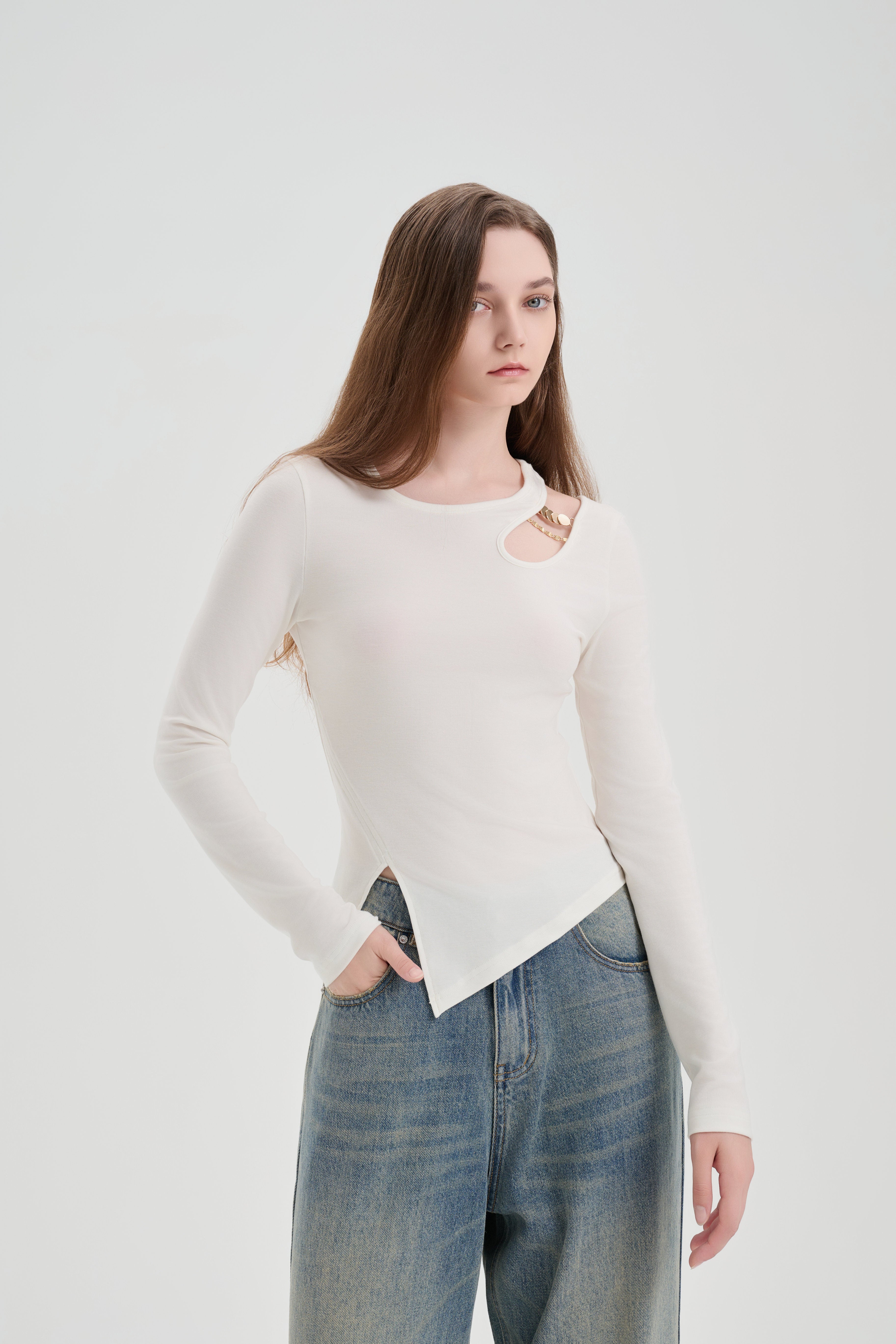 White Hollow Slit Long-sleeve T-shirt