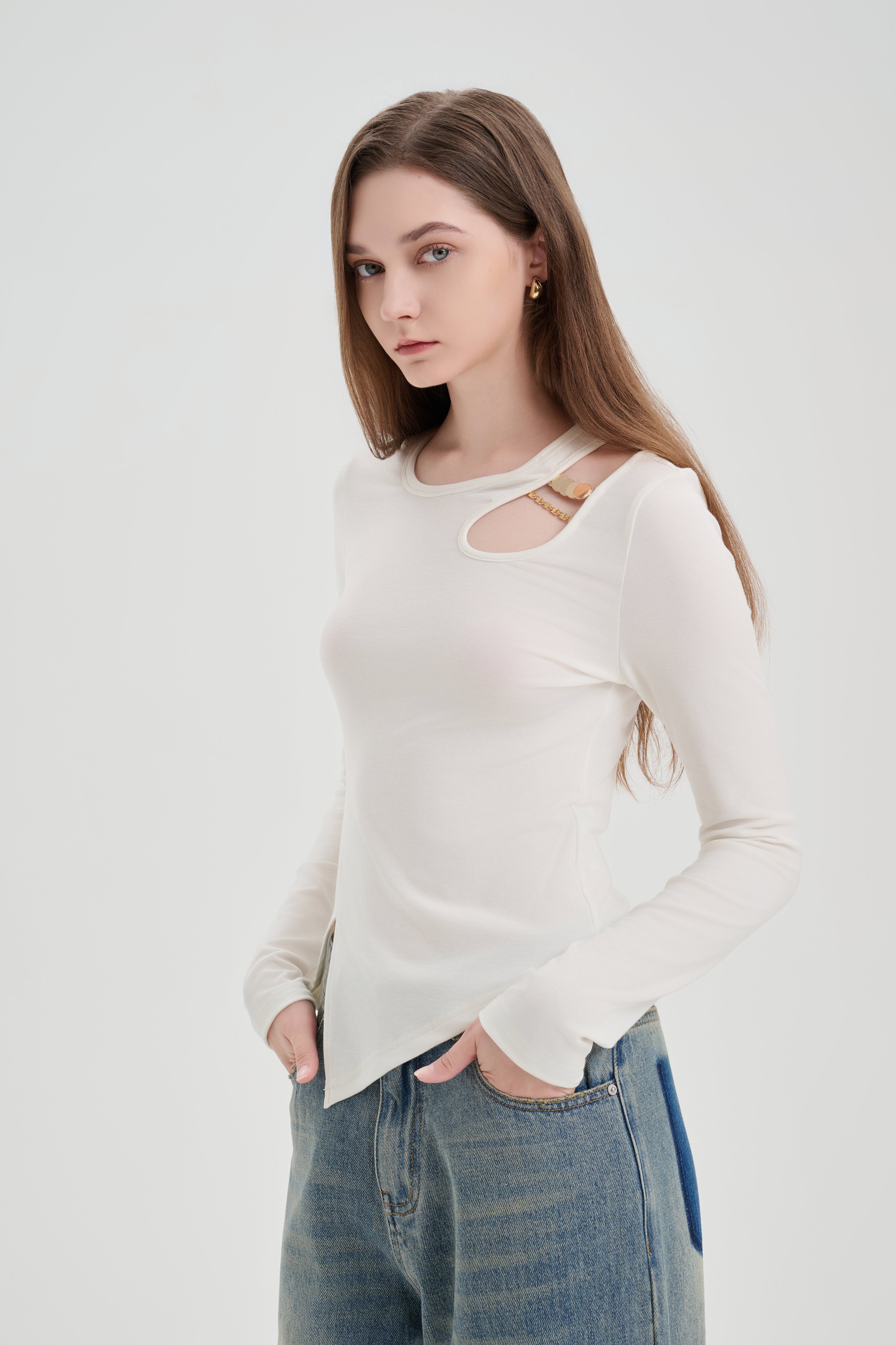 White Hollow Slit Long-sleeve T-shirt