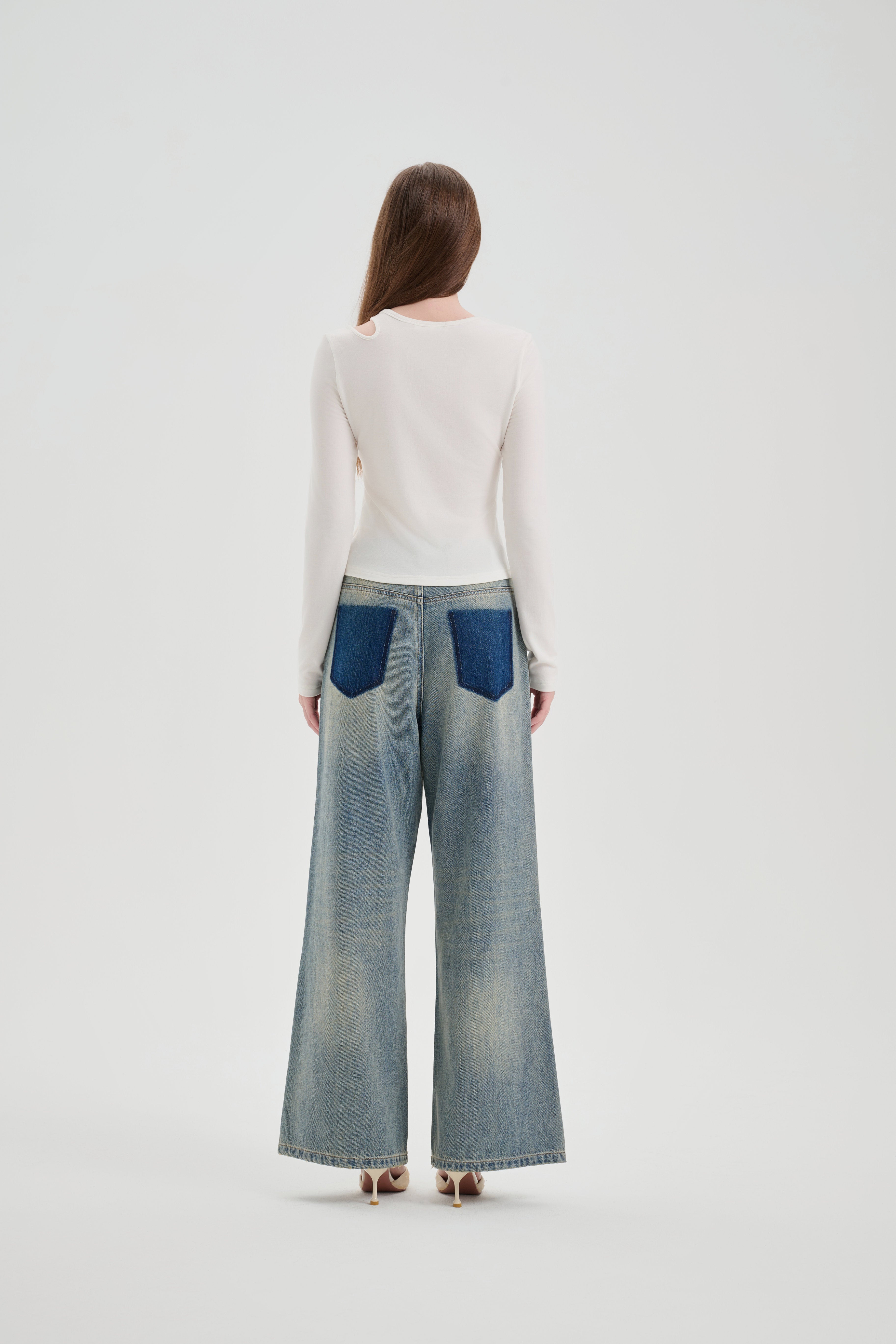 White Hollow Slit Long-sleeve T-shirt
