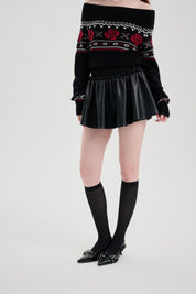 Black Elastic Leather Puffy Skirt