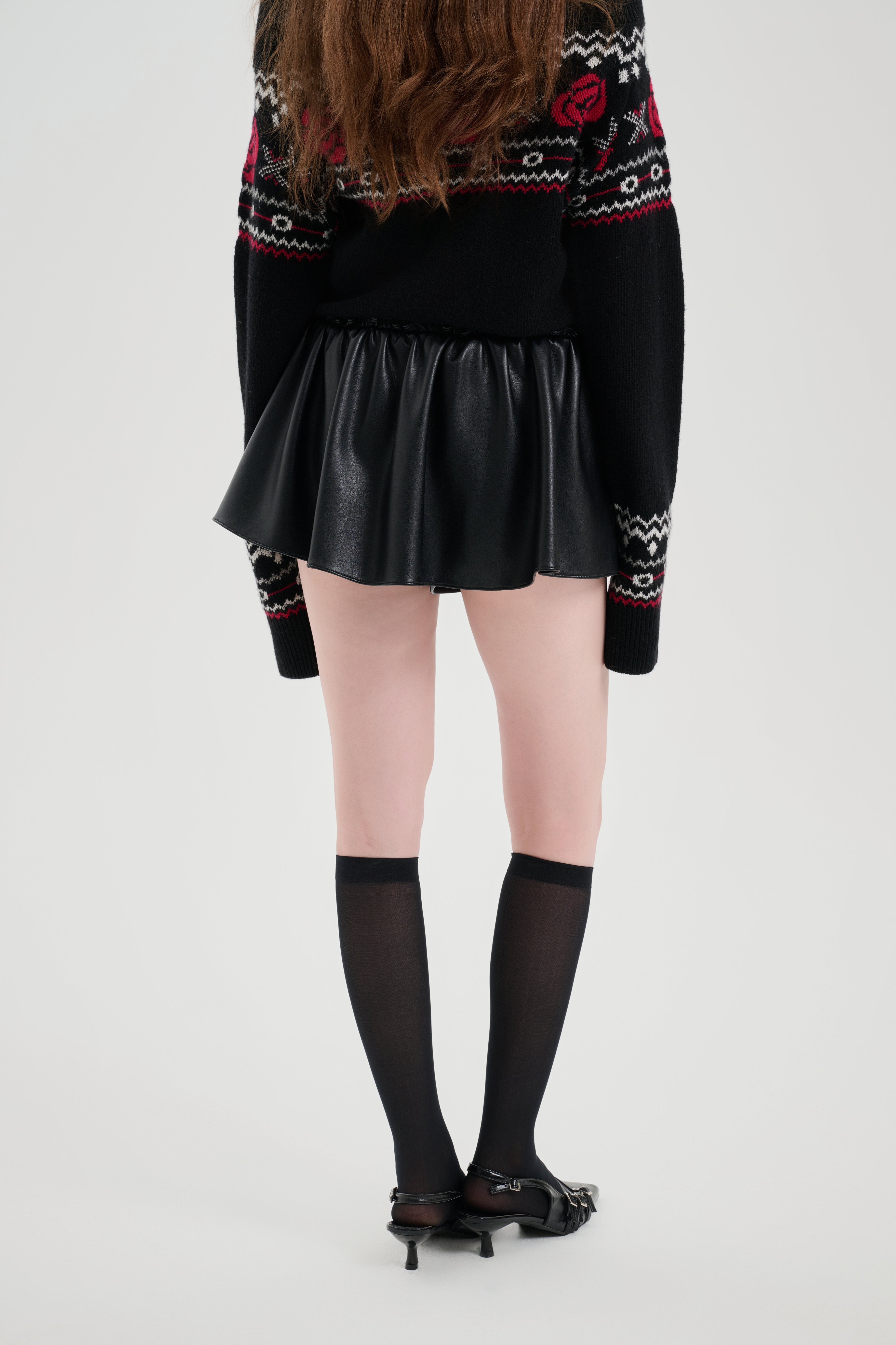 Black Elastic Leather Puffy Skirt