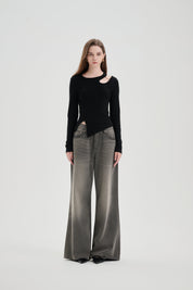 Black Hollow Slit Long-sleeve T-shirt