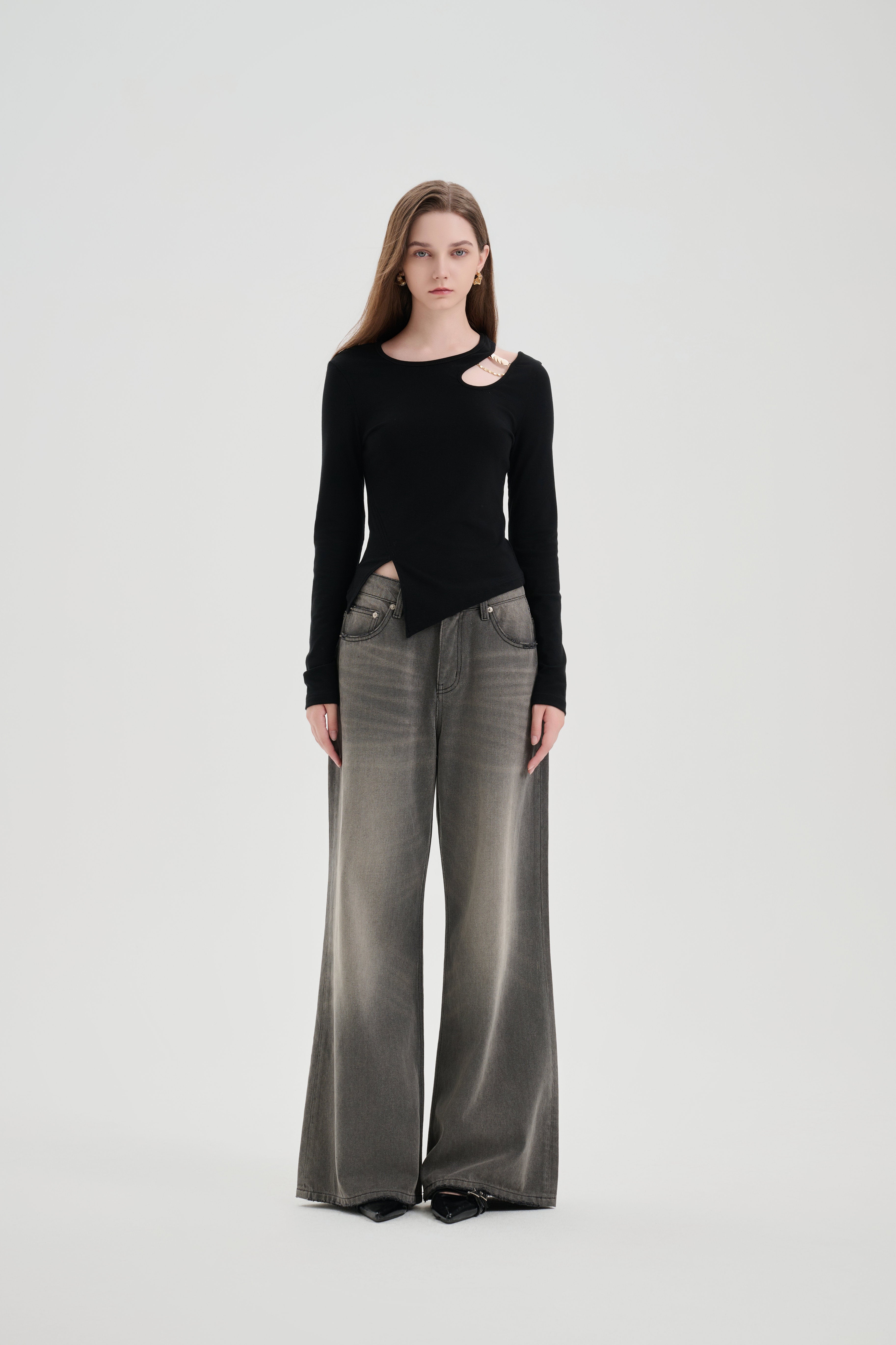 Black Hollow Slit Long-sleeve T-shirt