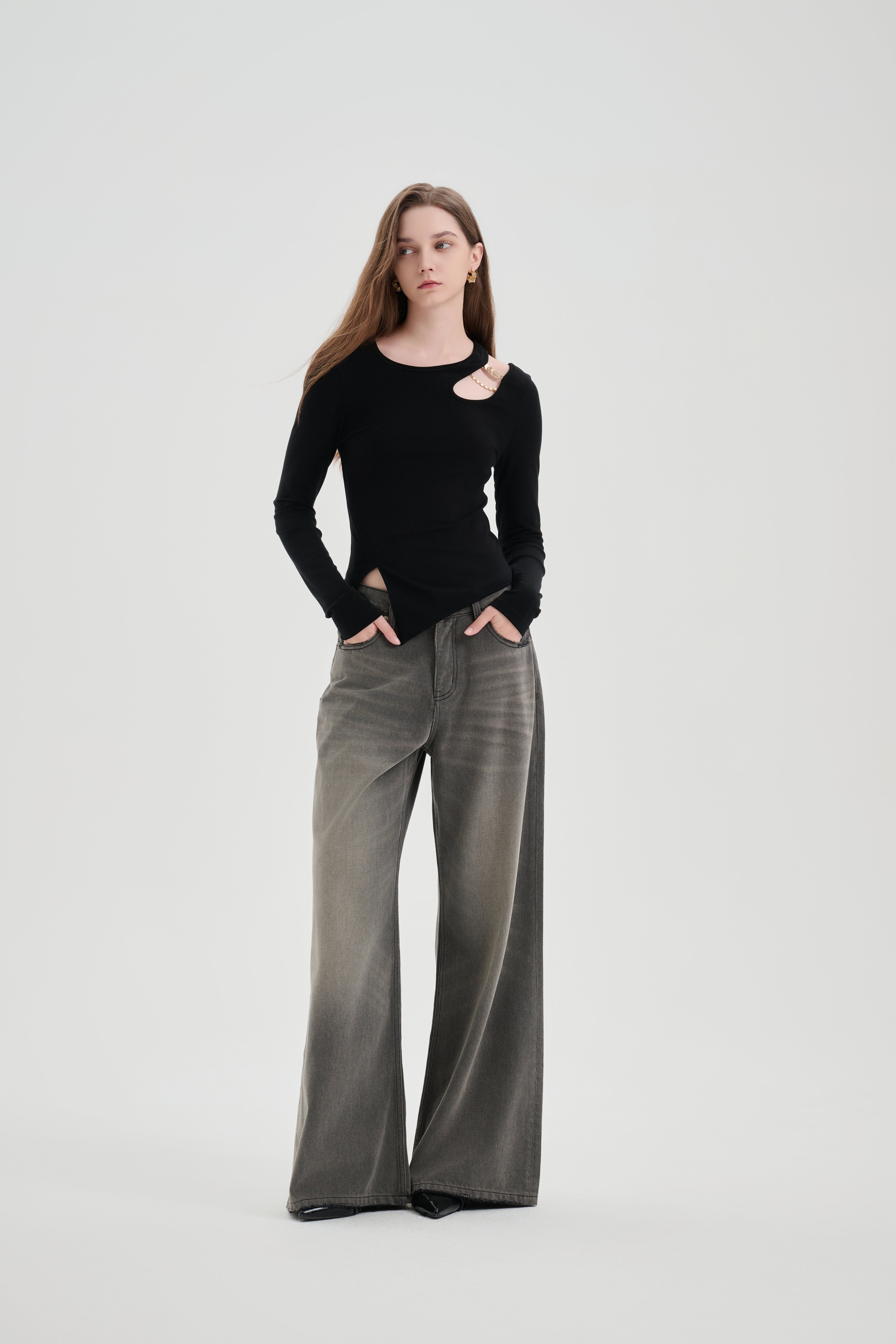 Black Hollow Slit Long-sleeve T-shirt